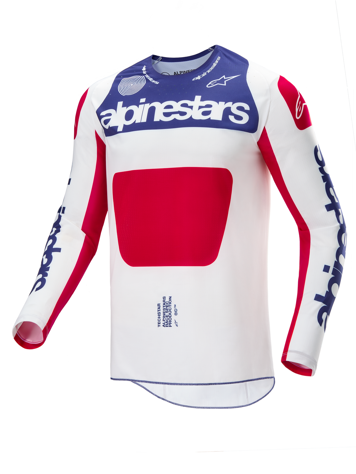 Alpinestars Limited Edition Techstar Fortitude Jersey, Motocross-Trikot, Rot, Weiß und Blau, weißes Hauptteil mit blauem Brustpanel und roter Grafik, blaue Alpinestars-Logos auf den Ärmeln, athletisches Race-Fit-Design