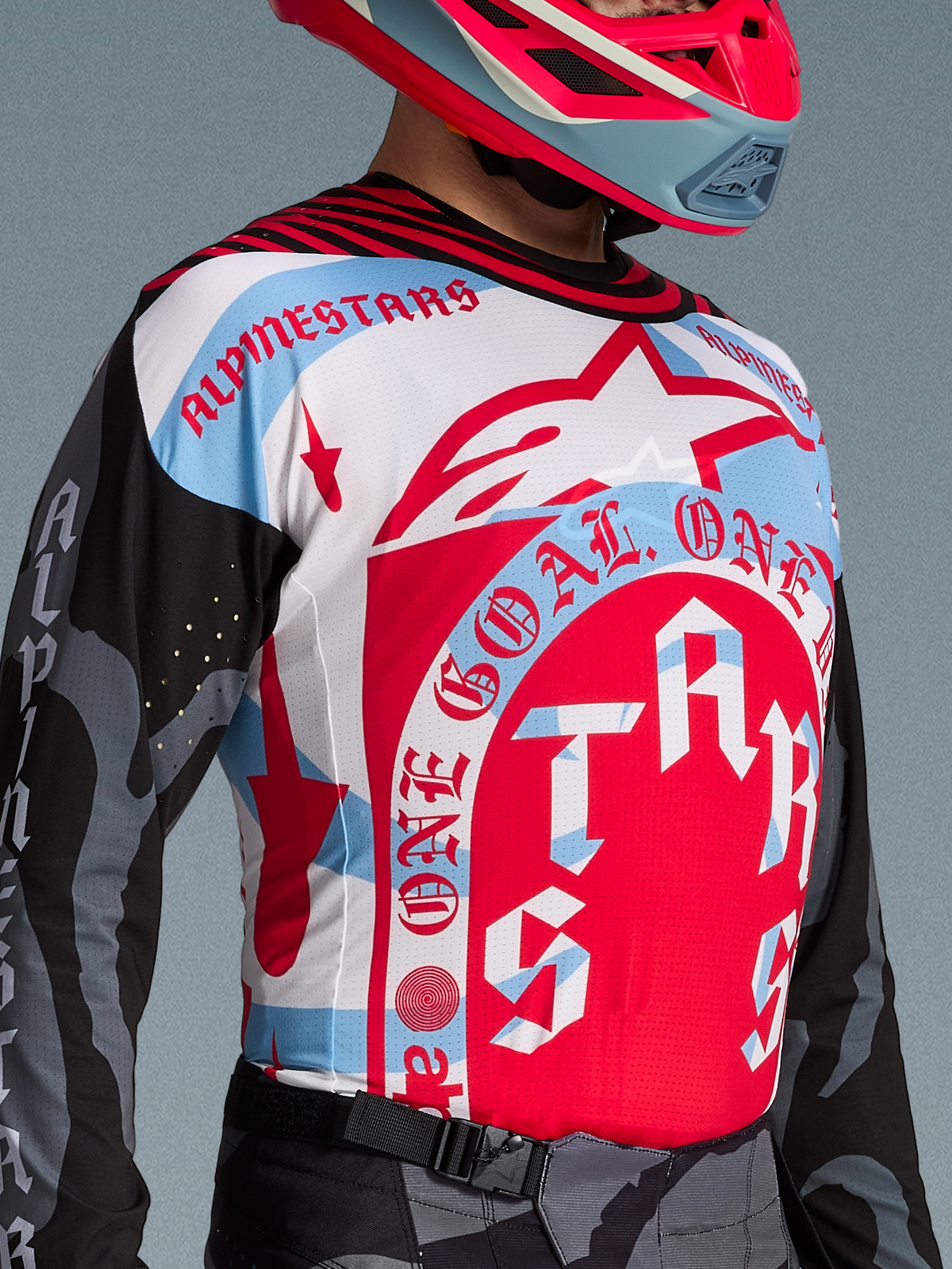 Alpinestars Techstar Beast Coast Trikot, Limited Edition, rot-weiß-blaues Motocross-Trikot mit auffälligen Grafik-Logos.