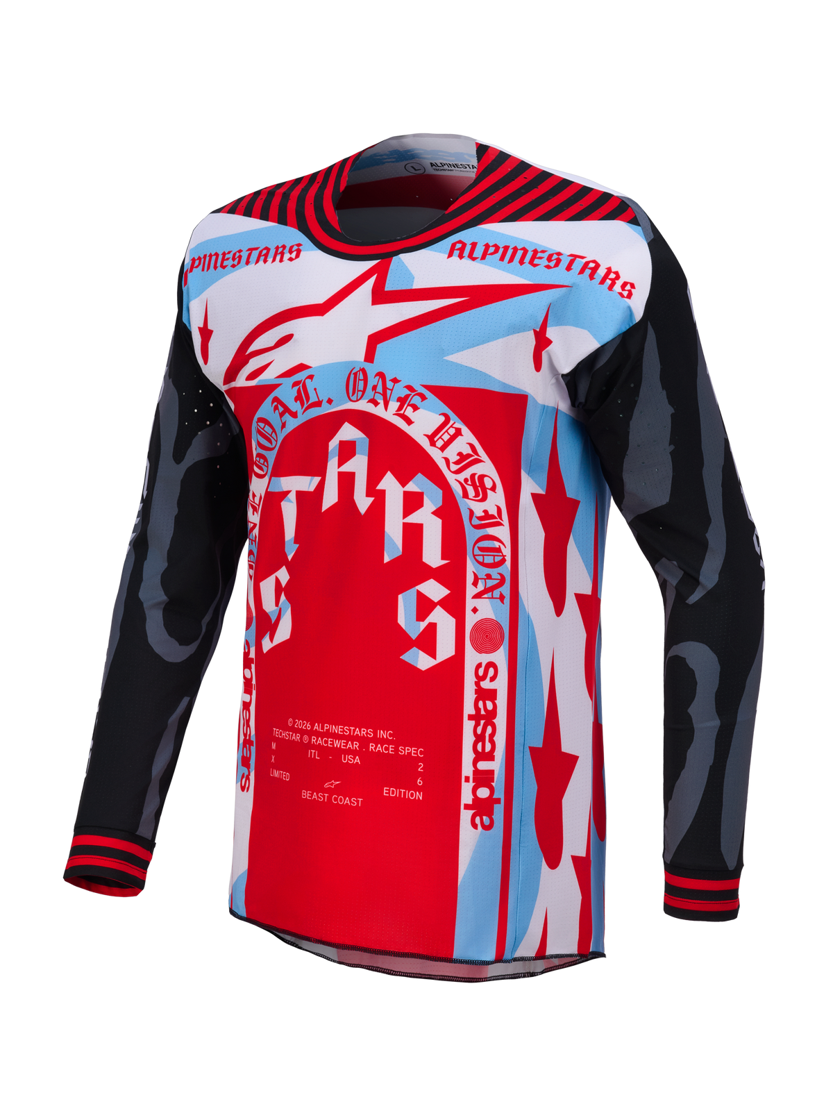 Techstar Trikot Limited Edition Beast Coast, rot-blaues MX-Trikot mit schwarzen Ärmeln und markanten Alpinestars-Grafiken.