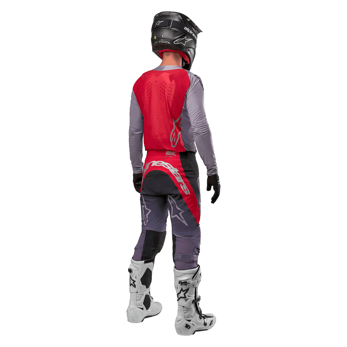 Alpinestars 2024 Supertech Dade Jersey, Motocross Jersey, Iron Red Berry and Grey, back view on a rider, featuring a red back panel with a grey logo and grey sleeves, worn with coordinating grey and red racing pants, white boots, and a black helmet, professional off-road gear.