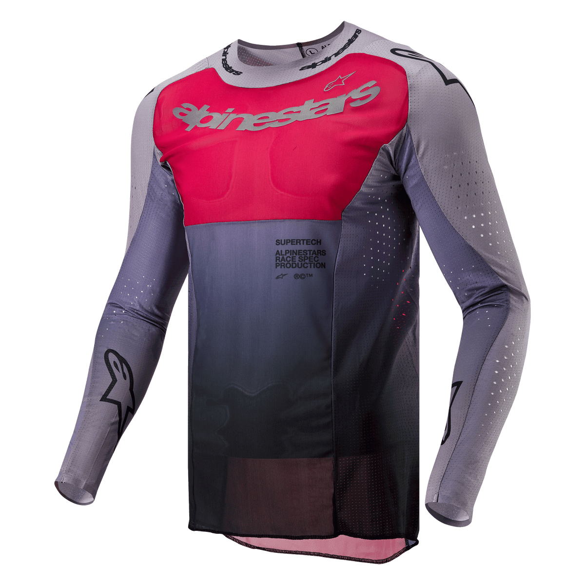 Alpinestars 2024 Supertech Dade Jersey, Motocross Jersey, Iron Red Berry and Gray, featuring a vibrant red chest panel with silver branding, dark gray gradient at the waist, laser-cut perforations on the sleeves and sides, and an athletic race fit design.