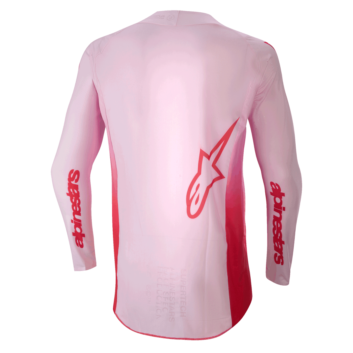 Alpinestars 2024 Supertech Dade Jersey, Motocross-Trikot, Red Berry Lilac, Rückansicht mit großem roten Astar-Logo auf dem Rücken und rotem Alpinestars-Branding auf den Ärmeln, leichte Stretch-Mesh-Konstruktion mit verlängerter Rückenpartie für Offroad-Performance.