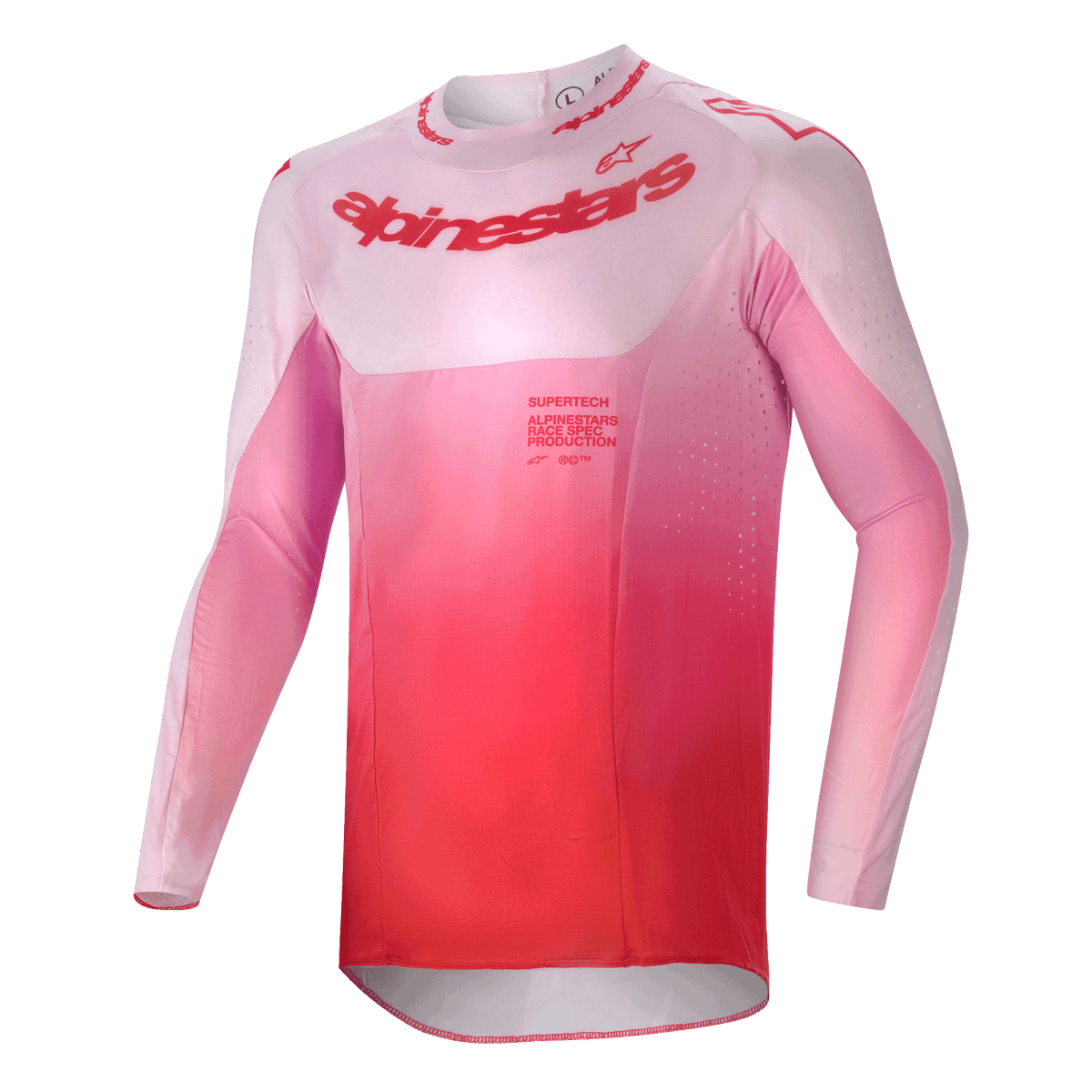 Alpinestars 2024 Supertech Dade Trikot, Motocross-Trikot, Red Berry Lilac mit einem Farbverlauf von Pink zu Rot, langärmelige athletische Passform mit lasergeschnittenen Belüftungsöffnungen und markantem Branding auf der Brust, Performance-Offroad-Bekleidung