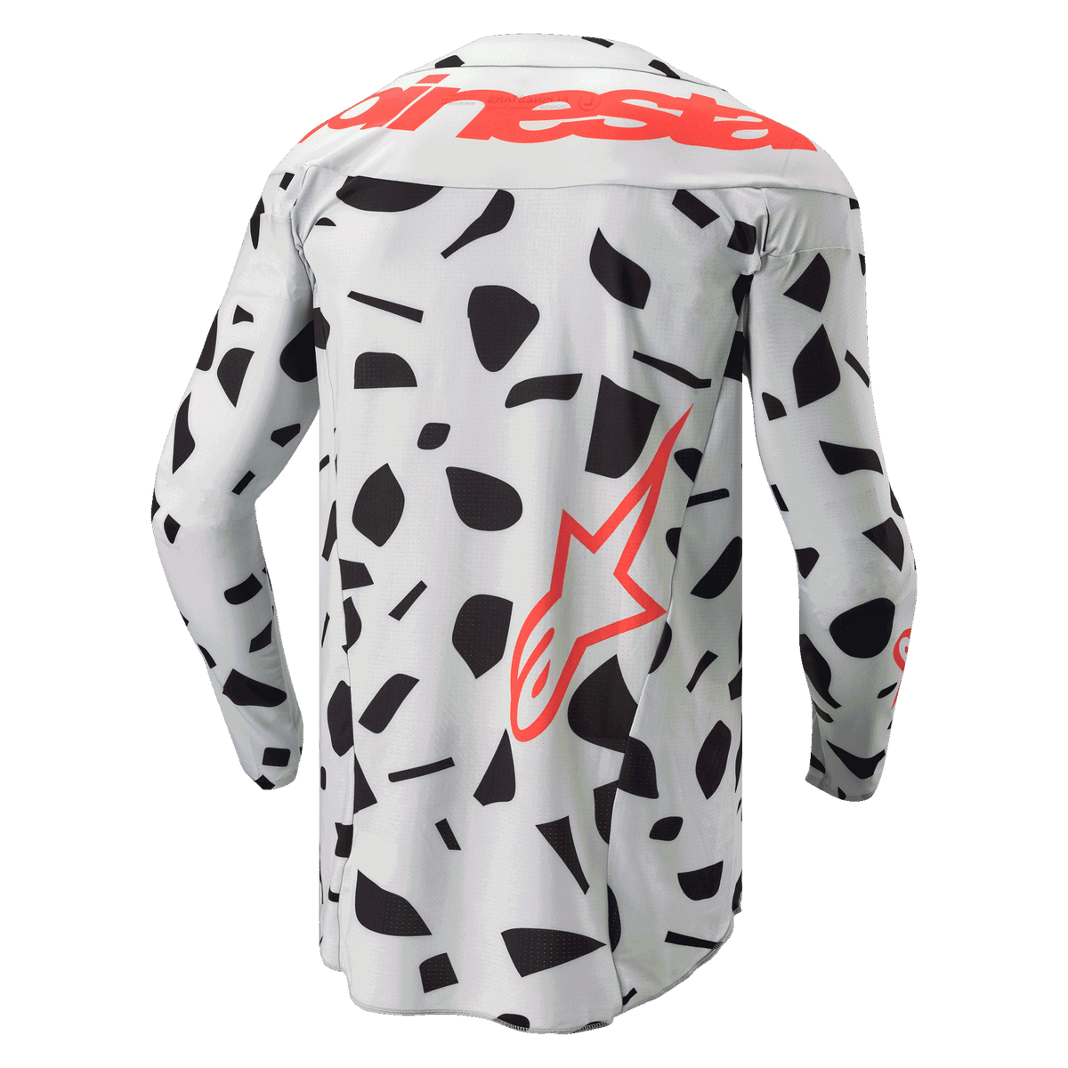 Alpinestars 2024 Techstar Rantera Trikot, Rückansicht, langärmeliges Motocross-Trikot, Haze Gray Camo mit schwarzen abstrakten Mustern, großer roter Alpinestars-Schriftzug über den Schultern und rotes Stern-Logo an der Seite, für Offroad-Performance