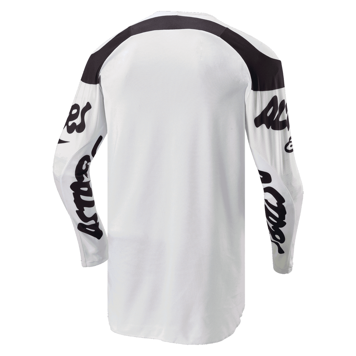 Alpinestars 2024 Racer Hana Jersey, Motocross-Trikot, Weiß und Schwarz, Rückansicht mit verlängerter Rückenpartie für bessere Abdeckung, schwarze Einsätze an den Schultern und schwarze Schriftzug-Logos auf den Ärmeln, strapazierfähiges feuchtigkeitsableitendes Material für Offroad-Performance