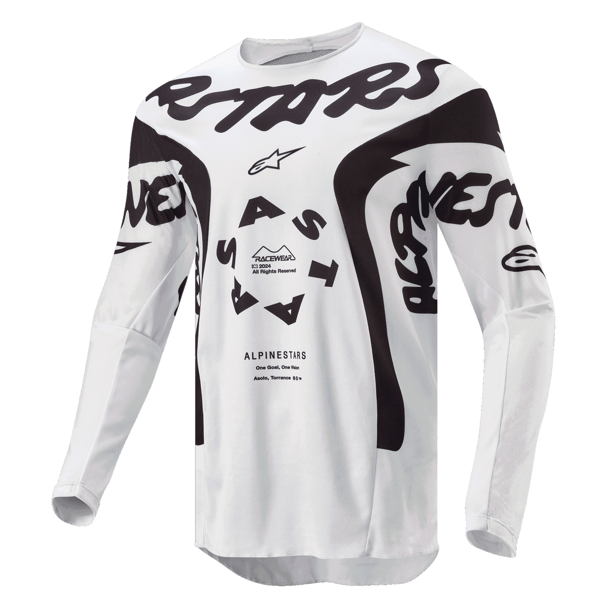 Alpinestars 2024 Racer Hana Trikot, Motocross-Trikot, Weiß und Schwarz, mit auffälligem schwarzem Alpinestars-Branding auf der Brust, kreisförmigem ASTARS-Logo und technischen Mesh-Einsätzen für Offroad-Performance.