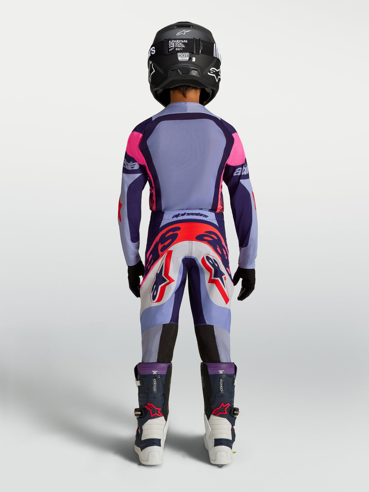 Alpinestars Jugend Supertech Dyna Ausrüstungsset in Lila und Pink, Motocross-Outfit mit Stretch-Mesh-Trikot, Rückansicht.