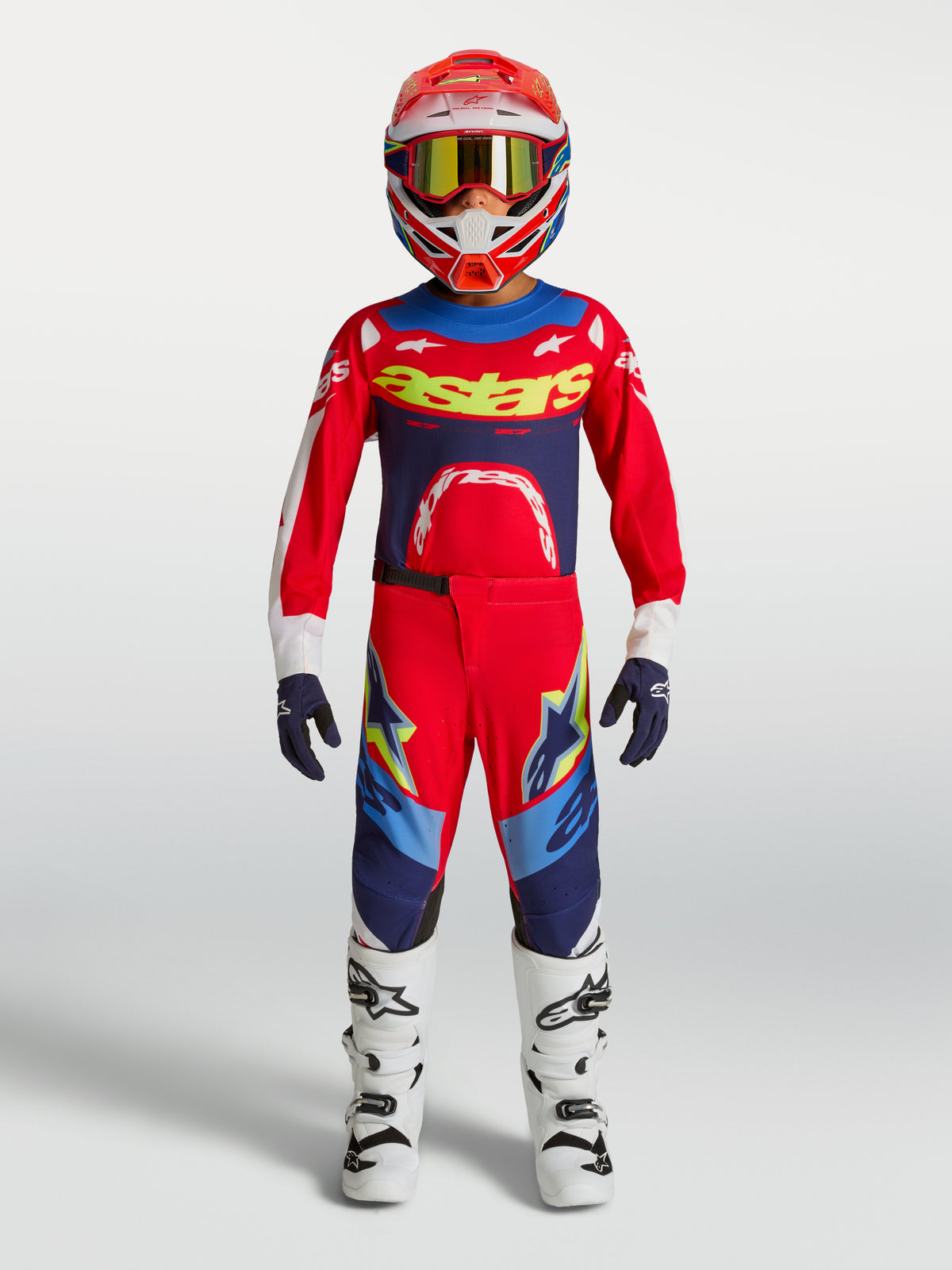 Alpinestars Youth Supertech Dyna Jersey and Gear Set, Fire Red and Navy Blue motocross racing outfit for young riders.