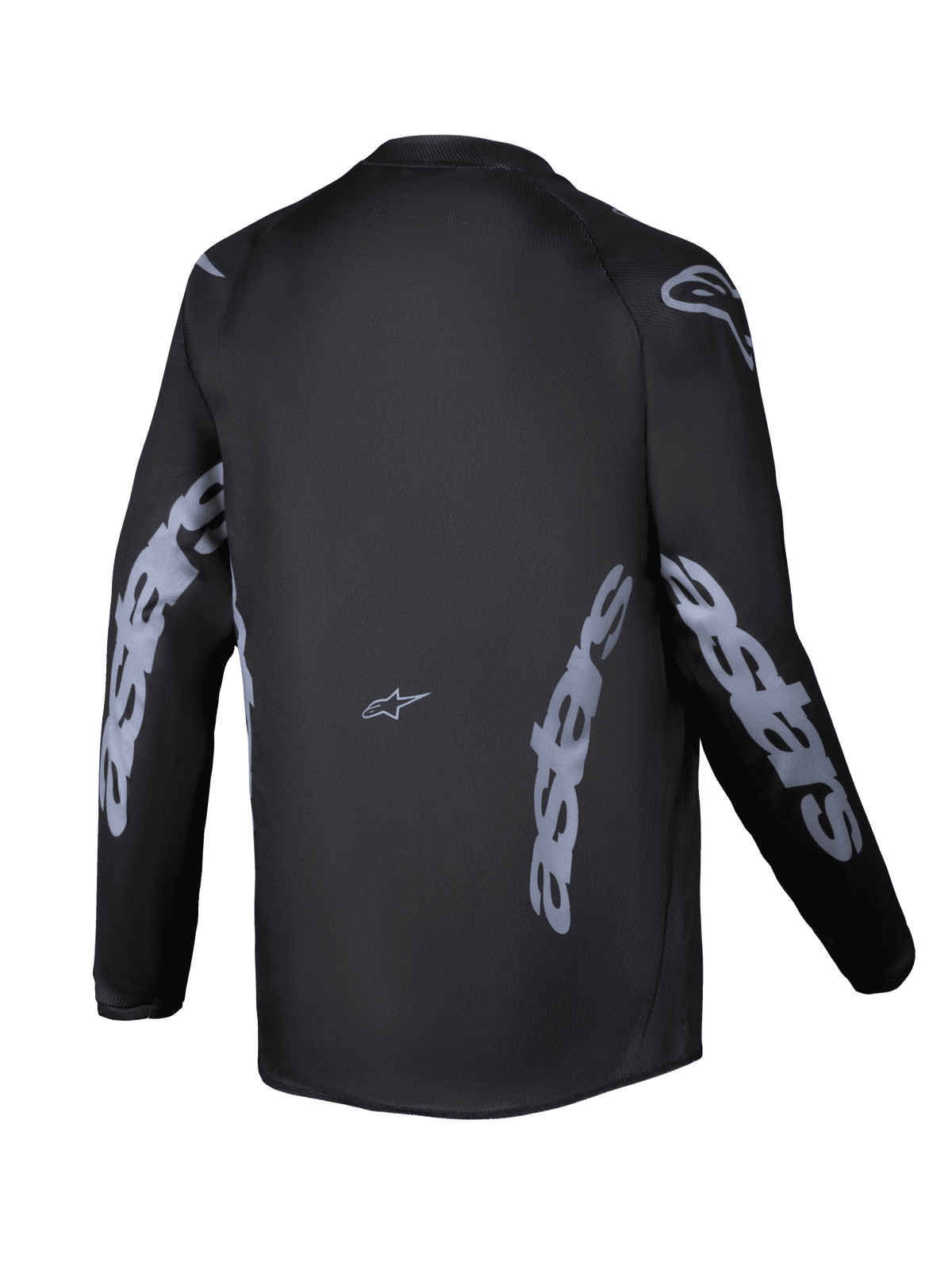 Alpinestars 2025 Youth Racer Graphite Trikot, Rückansicht, Schwarz und Grau, langärmeliges Motocross-Trikot mit grauem Alpinestars-Branding auf Ärmeln und Seiten, feuchtigkeitsableitendes Material mit verlängertem Rückenteil für Offroad-Fahrten