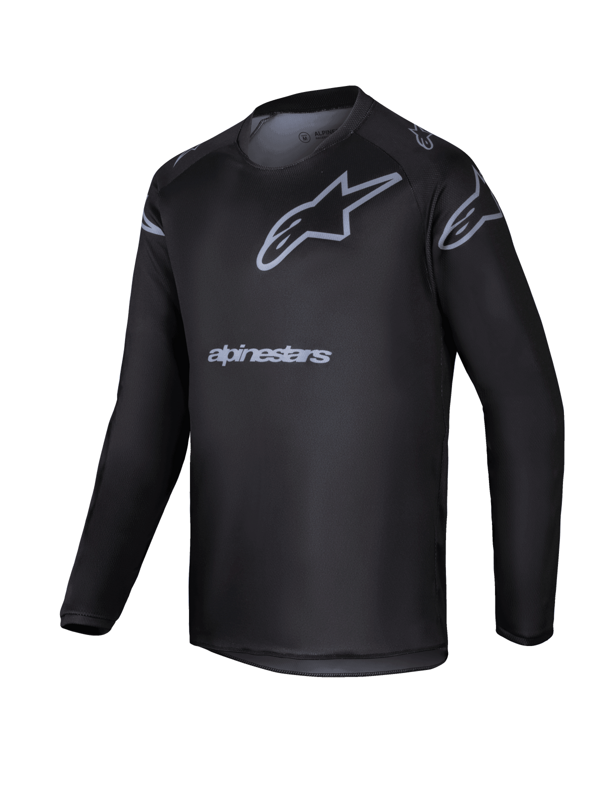 Alpinestars 2025 Youth Racer Graphite Trikot, schwarz-graues Langarm-Motocross-Jersey für Jugendliche, mit grauem Stern-Logo und Markennamen, leichte Performance-Ausrüstung für Offroad-Fahrten