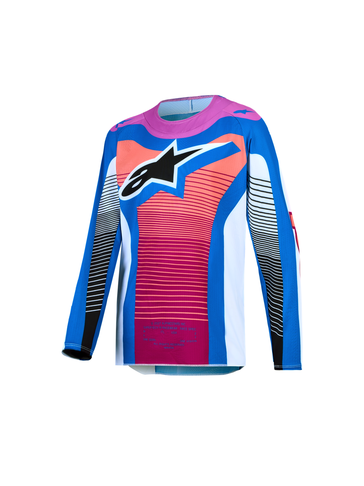 Alpinestars 2027 Youth Supertech Maven Jersey, Youth Motocross Racing Jersey, Blue and Hot Coral, lightweight stretch mesh with athletic fit and large Astars logo.