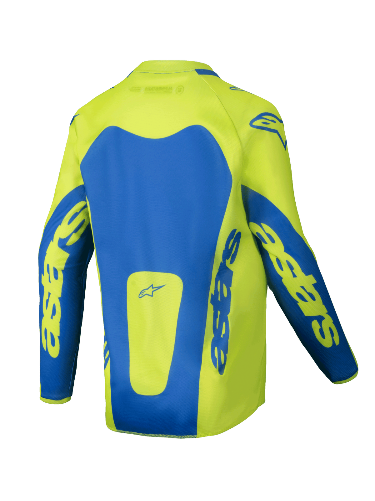 Alpinestars 2025 Youth Racer Veil Trikot, Motocross-Trikot, Gelb Fluo und Blau, Rückansicht mit markanten blauen Einsätzen und astars-Branding auf den Ärmeln, länger geschnittene Rückenpartie für bessere Abdeckung, leichtes, feuchtigkeitsableitendes Material für den Offroad-Rennsport