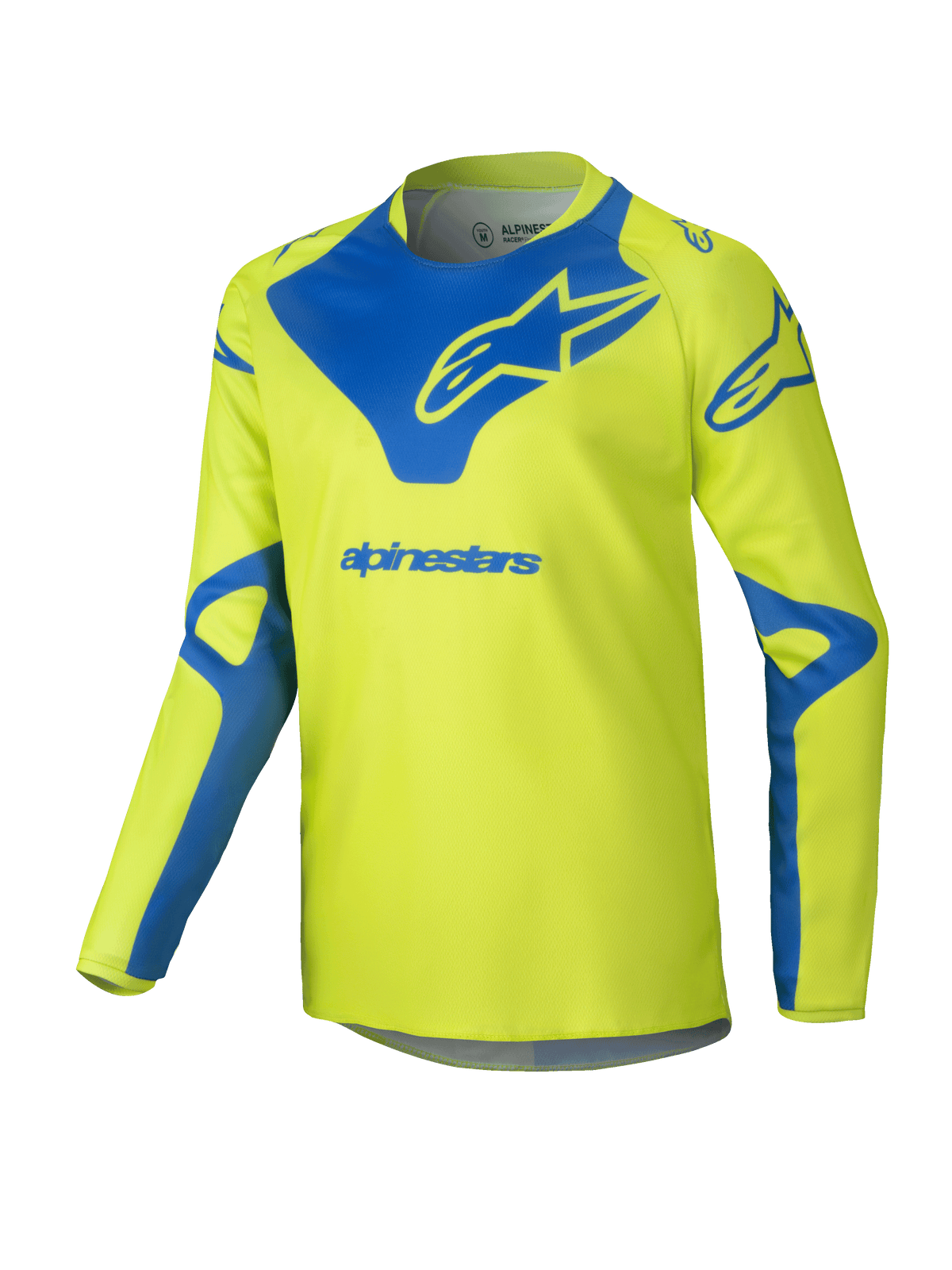 Alpinestars 2025 Youth Racer Veil Trikot, Motocross-Jersey, Neongelb und Blau, langärmeliges technisches Oberteil, blaues Alpinestars-Logo auf Brust und Schultern, leichtes feuchtigkeitsableitendes Material für den Offroad-Rennsport