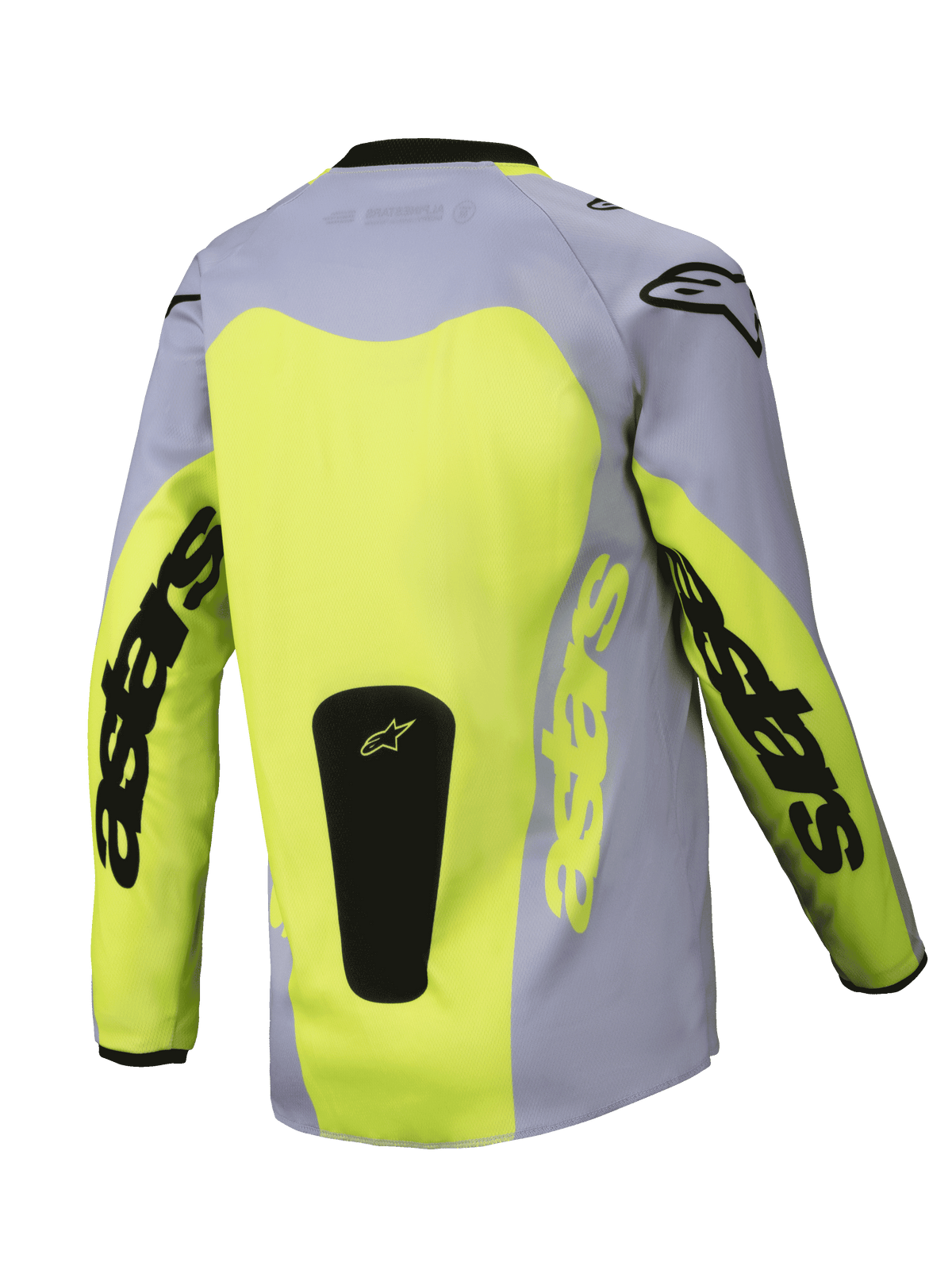 Alpinestars 2025 Youth Racer Veil Jersey, Back view, Gray and Fluorescent Yellow, featuring a large yellow back panel and Astars branding on the sleeves, black logo patch at the base, lightweight motocross gear for off-road riding