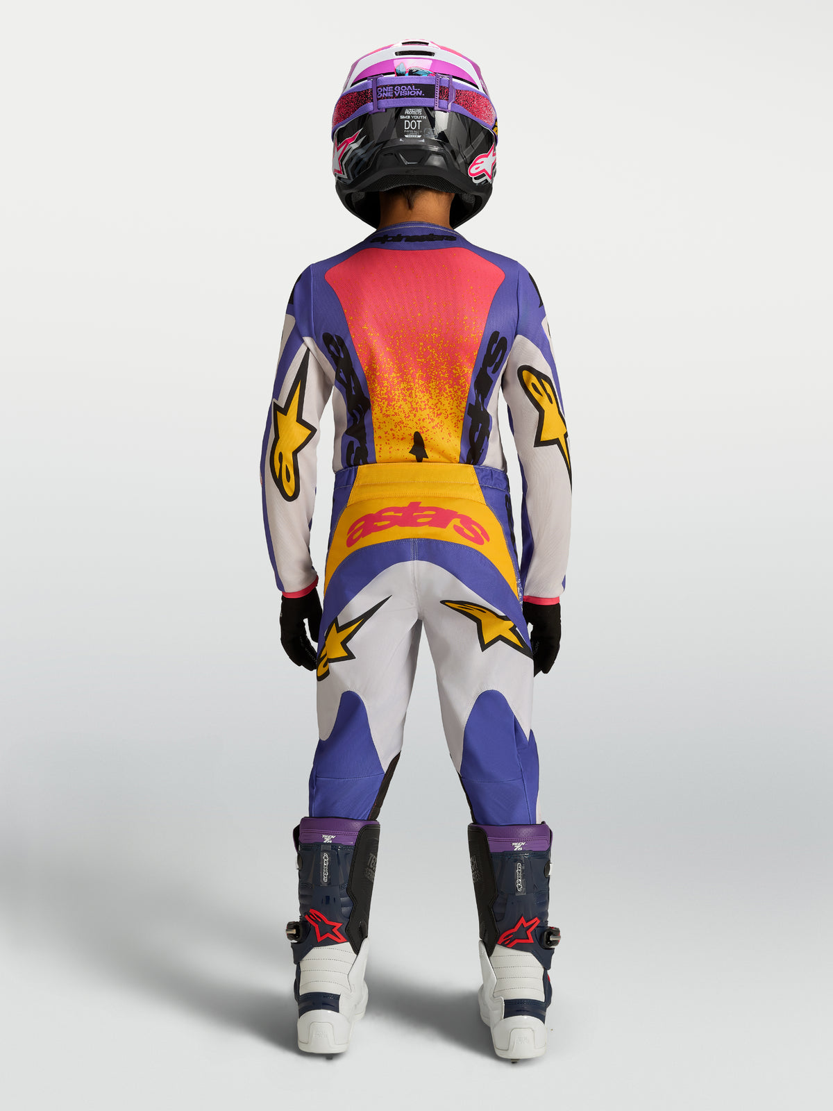 Alpinestars Fluid Jugend-Trikot Drag 2027 und Gear-Set, Motocross-Rennausrüstung in Blau und Gold, Rückansicht.