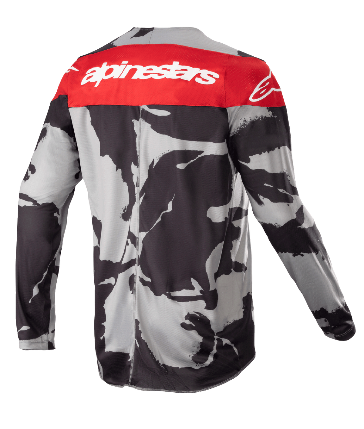 Alpinestars Jugend 2023 Racer Tactical Trikot, Motocross-Trikot, Cast Gray Camo und Mars Red, Rückansicht mit rotem Schulterpanel und weißem Alpinestars-Branding, abstraktes schwarz-graues Camouflage-Muster, leichte feuchtigkeitsableitende Ausrüstung für Offroad-Rennsport