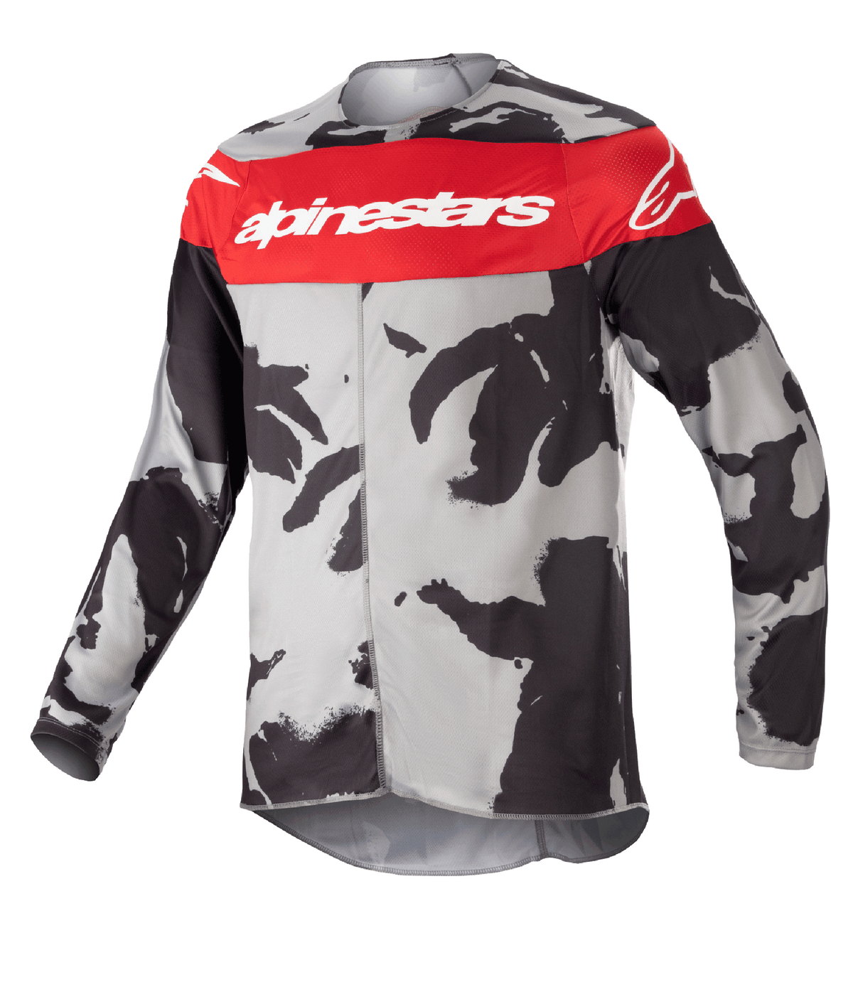 Alpinestars Youth 2023 Racer Tactical Jersey, Motocross-Trikot für Jugendliche, Cast Gray Camo und Mars Red, mit horizontalem roten Brustband und weißem Alpinestars-Logo, grau-schwarzes Tarnmuster, leichtes feuchtigkeitsableitendes Material für Offroad-Fahrten
