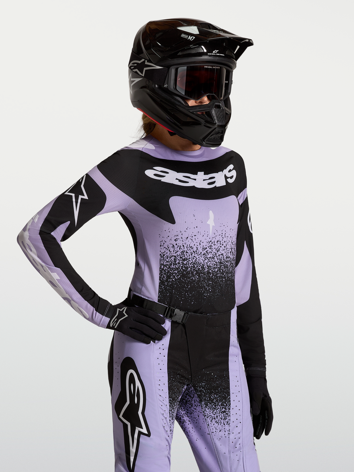 Alpinestars Stella Techstar Swan Trikot, Damen-Motocross-Oberteil in Hellviolett und Schwarz, athletische Rennpassform.