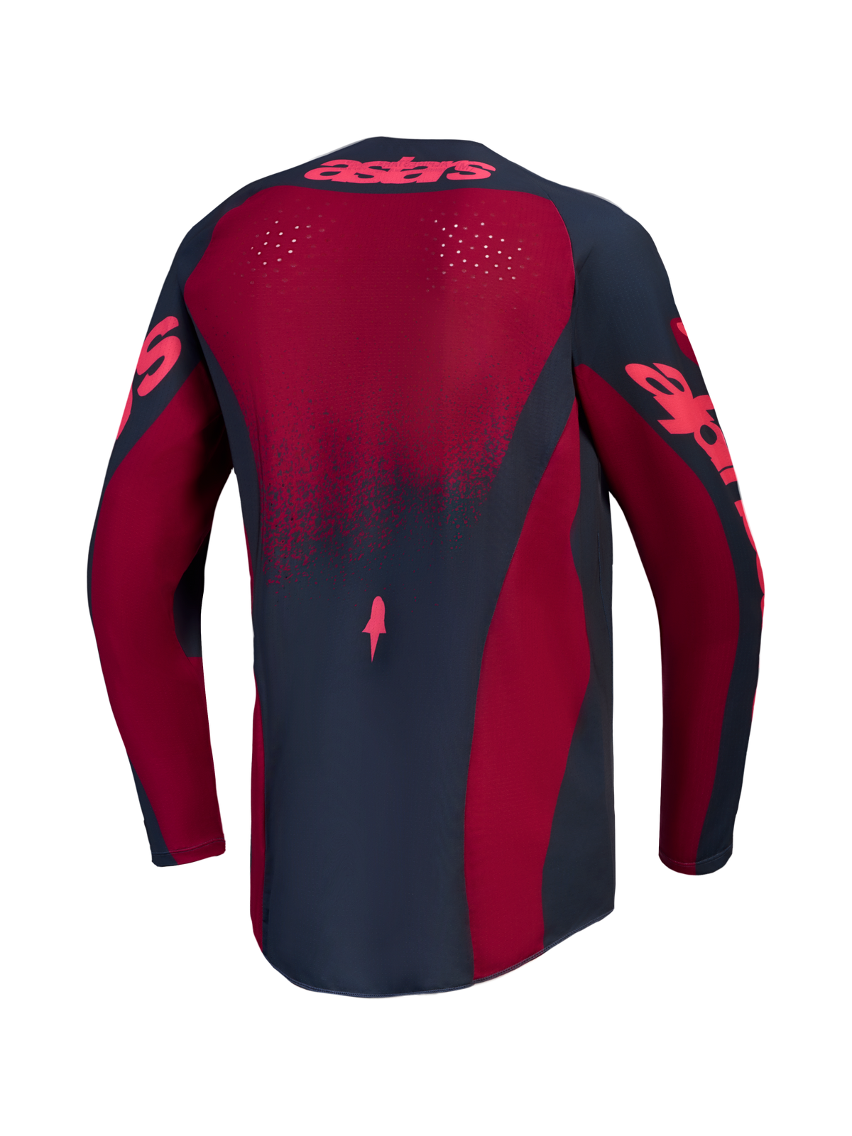 Alpinestars Stella Techstar Trikot Swan, Motocross-Oberteil für Damen, Rot und Dunkelgrau, Rückansicht mit lasergeschnittener Belüftung und verlängertem Rückenteil