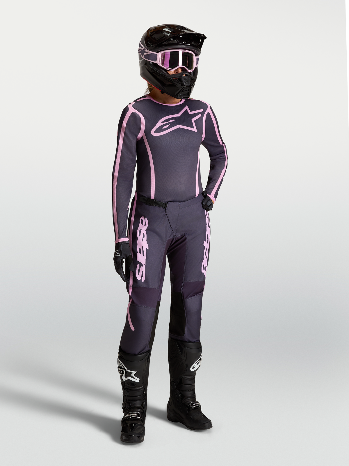 Alpinestars Stella Fluid Apex V2 Hose und Trikot, Damen-Motocross-Ausrüstung in Grau und Pink für Offroad-Performance.