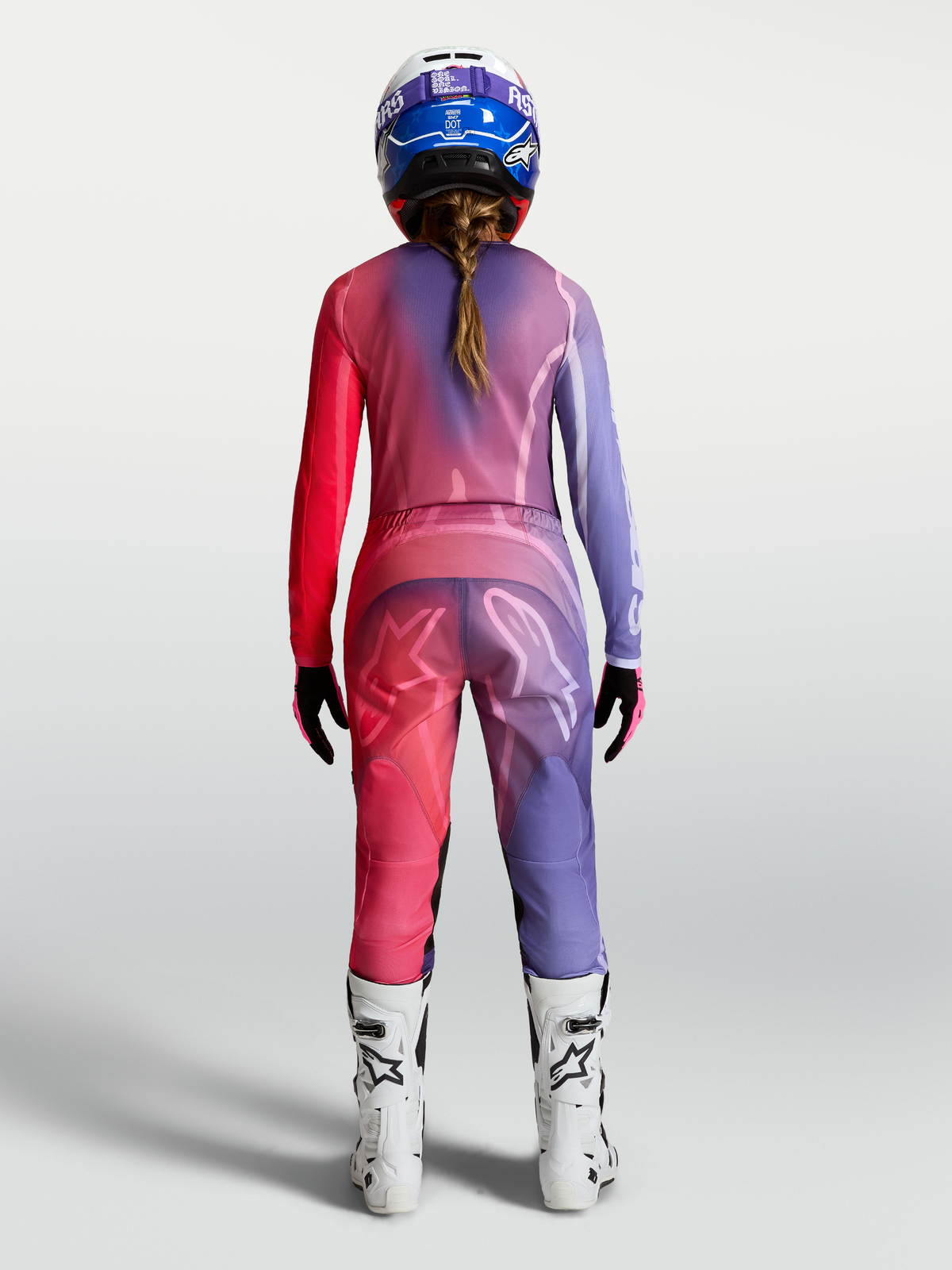 Alpinestars Stella Fluid Kepler Damen-Motocross-Outfit in Lila und Rot, Rückansicht aus strapazierfähigem 600D-Polygewebe.