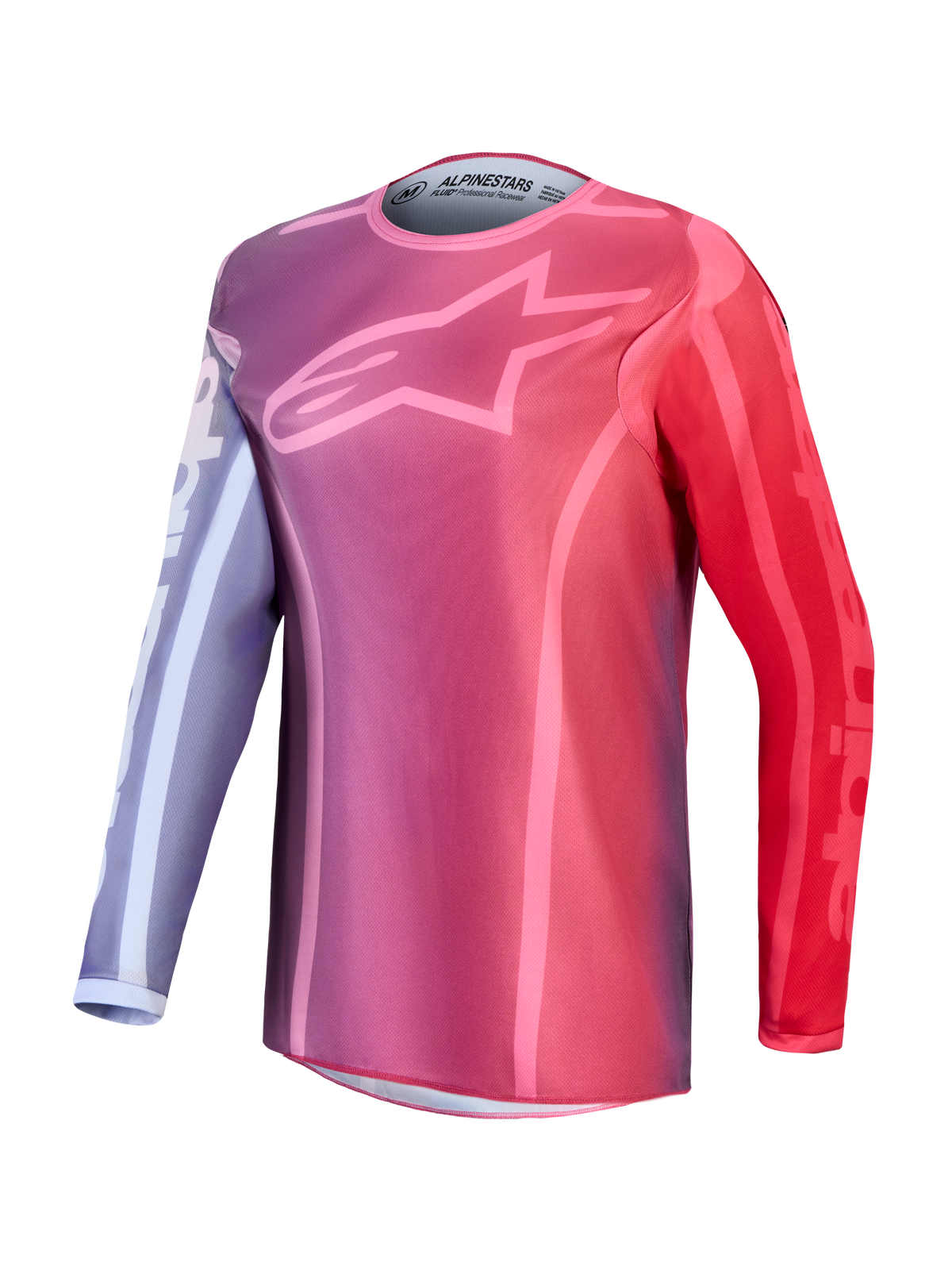 Alpinestars Stella Fluid Kepler Trikot, Damen-Motocross-Trikot in Lila und Rot mit Stern-Logo auf der Brust, leichte und atmungsaktive Polygewebe-Konstruktion für Offroad-Performance.