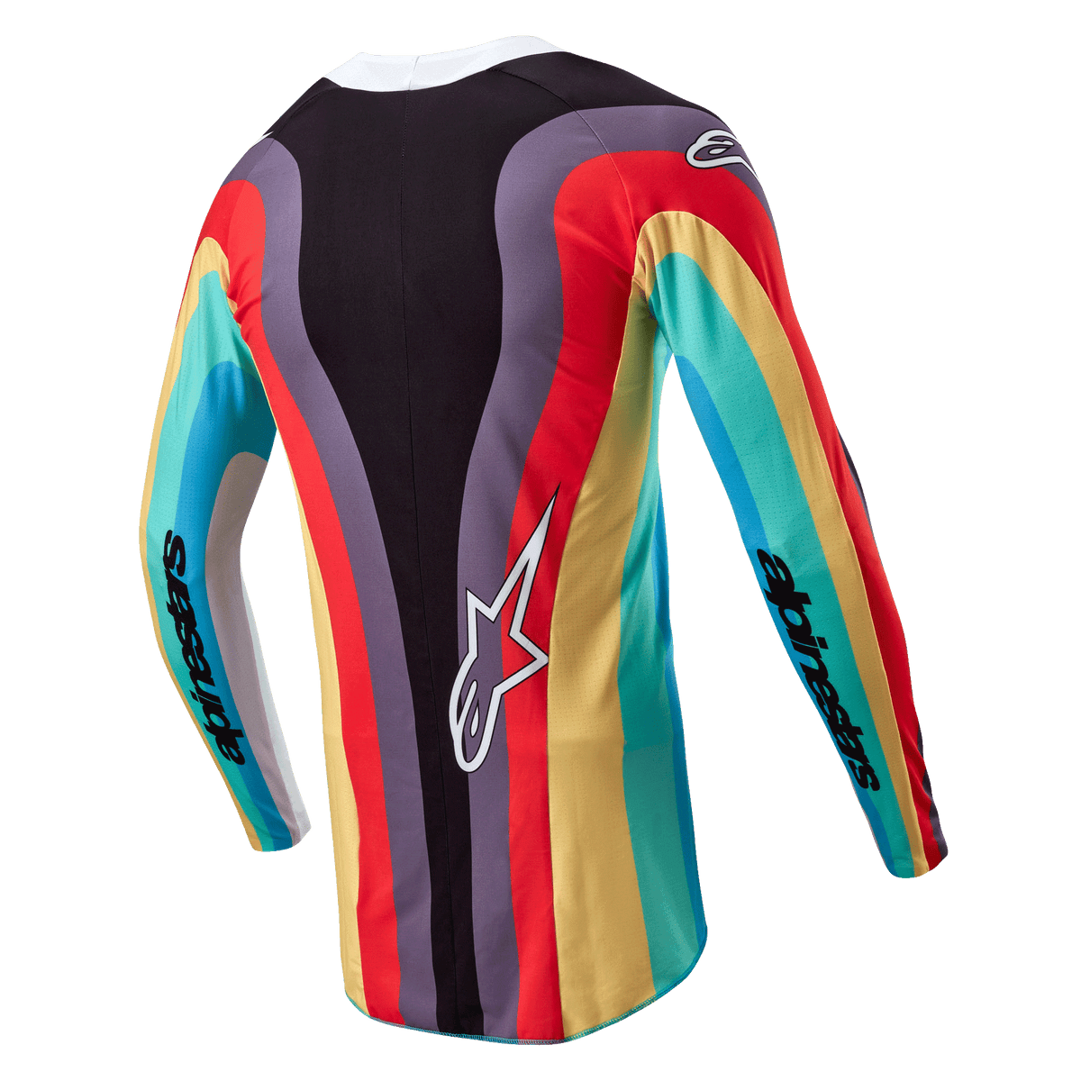 Alpinestars Stella 2024 Techstar Damen-Trikot, Motocross-Trikot, Schwarz Mehrfarbig, Rückansicht mit einem lebhaften wellenförmigen Mehrfarbenmuster in Rot, Gelb und Türkis, weißes Astar-Logo auf dem unteren Rücken, Alpinestars-Branding auf den Ärmeln.
