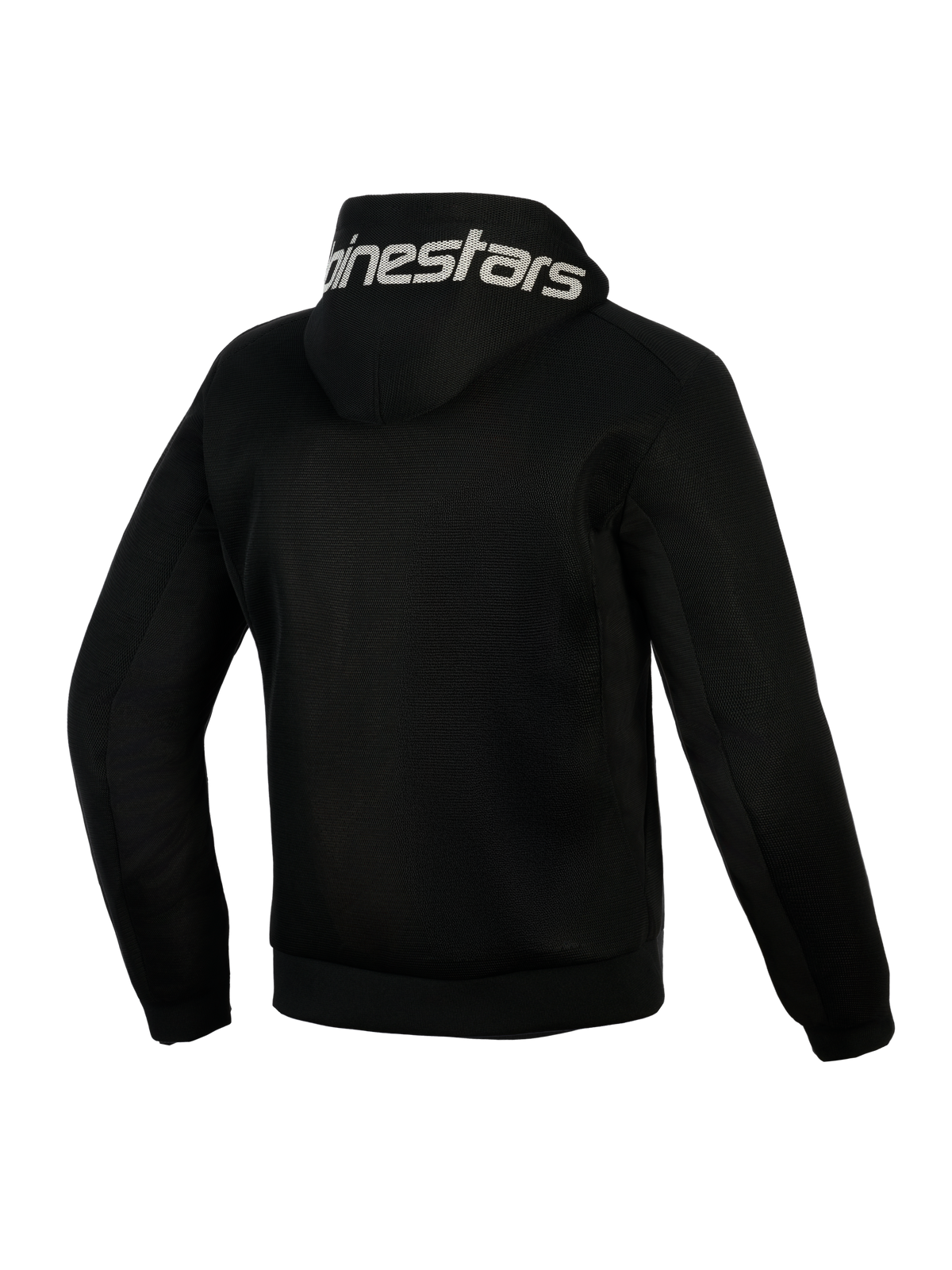 Alpinestars Chrome Superairflow Hoodie, Black, back view, featuring white Alpinestars branding on the hood, full 3D technical mesh construction for ventilation, protective motorcycle riding apparel for warm weather