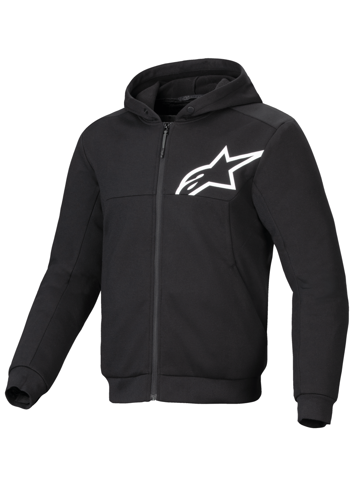 Alpinestars Chrome V2 Sport Hoodie, black and white men's urban riding jacket, aramidic reinforced tech fleece, CE certified.