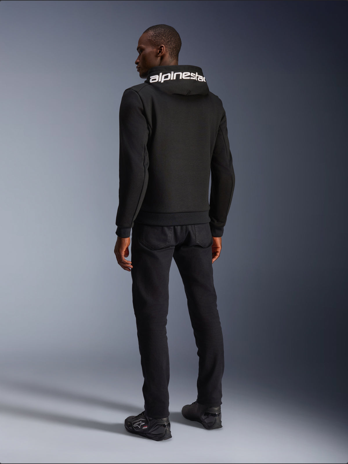 Alpinestars Chrome V2 Sport Hoodie, Urban Riding Jacket, Men's, Black and White, rear view with logo on hood.