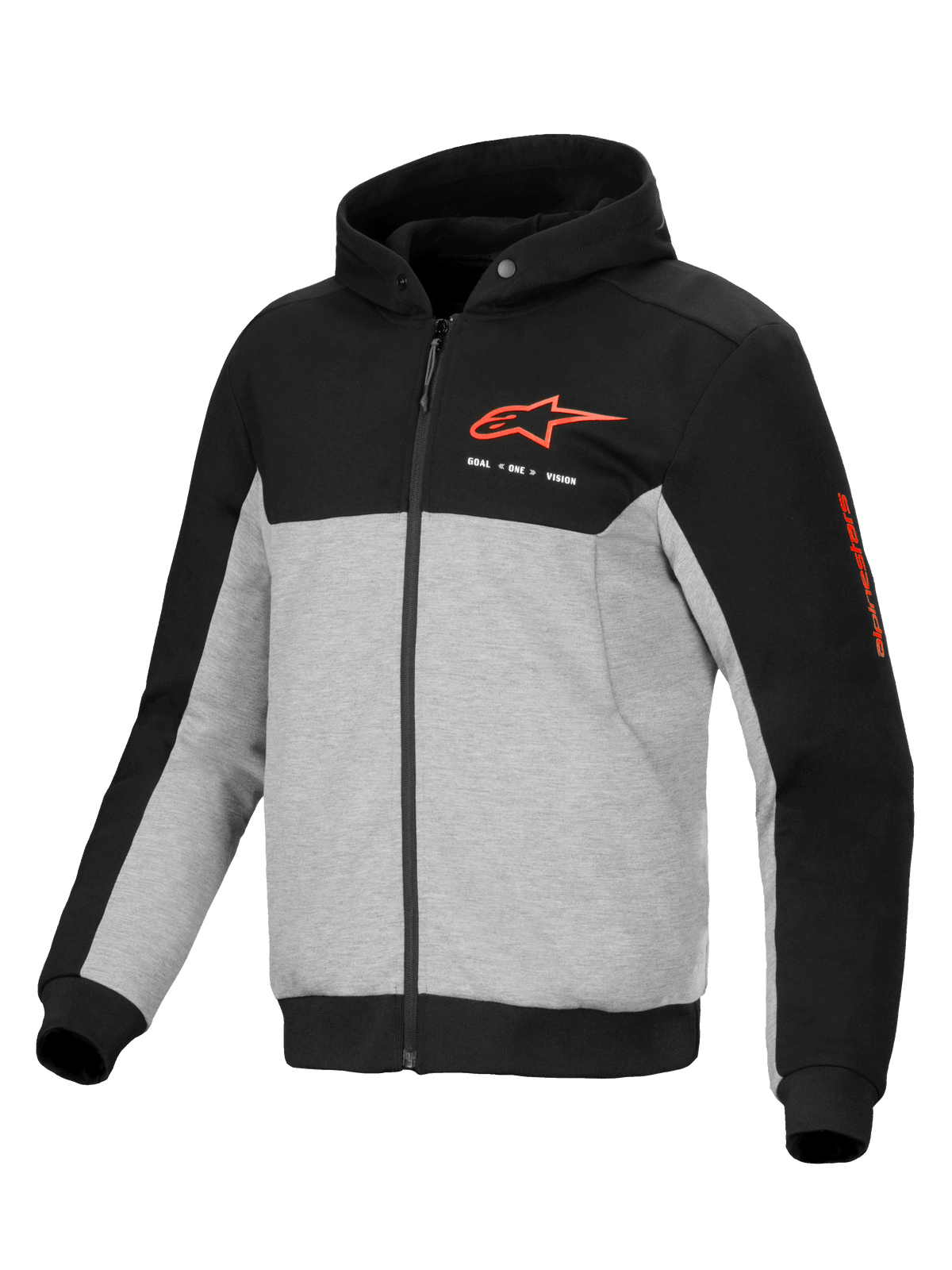 Alpinestars Chrome V2 Sport Kapuzenpullover, Urban Motorradjacke für Herren, Schwarz und Grau-Meliert, mit CE-zertifizierten Protektoren und Aramid-Verstärkungen.