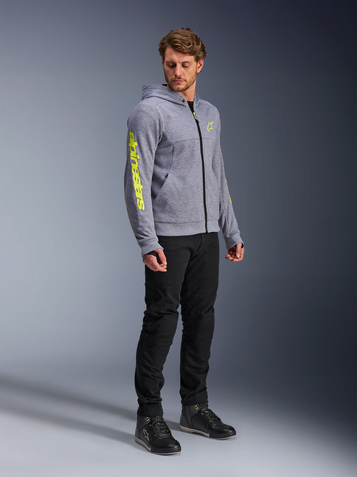 Alpinestars Chrome V2 Sport Hoodie, Men's Urban Motorcycle Riding Hoodie, Gray Heather and Fluo Yellow, CE Certified tech fleece with aramidic reinforcements and Nucleon Flex Plus armor.