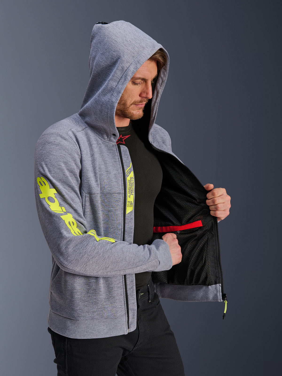 Alpinestars Chrome V2 Sport Hoodie, gray and yellow urban motorcycle jacket for men showing internal mesh lining.