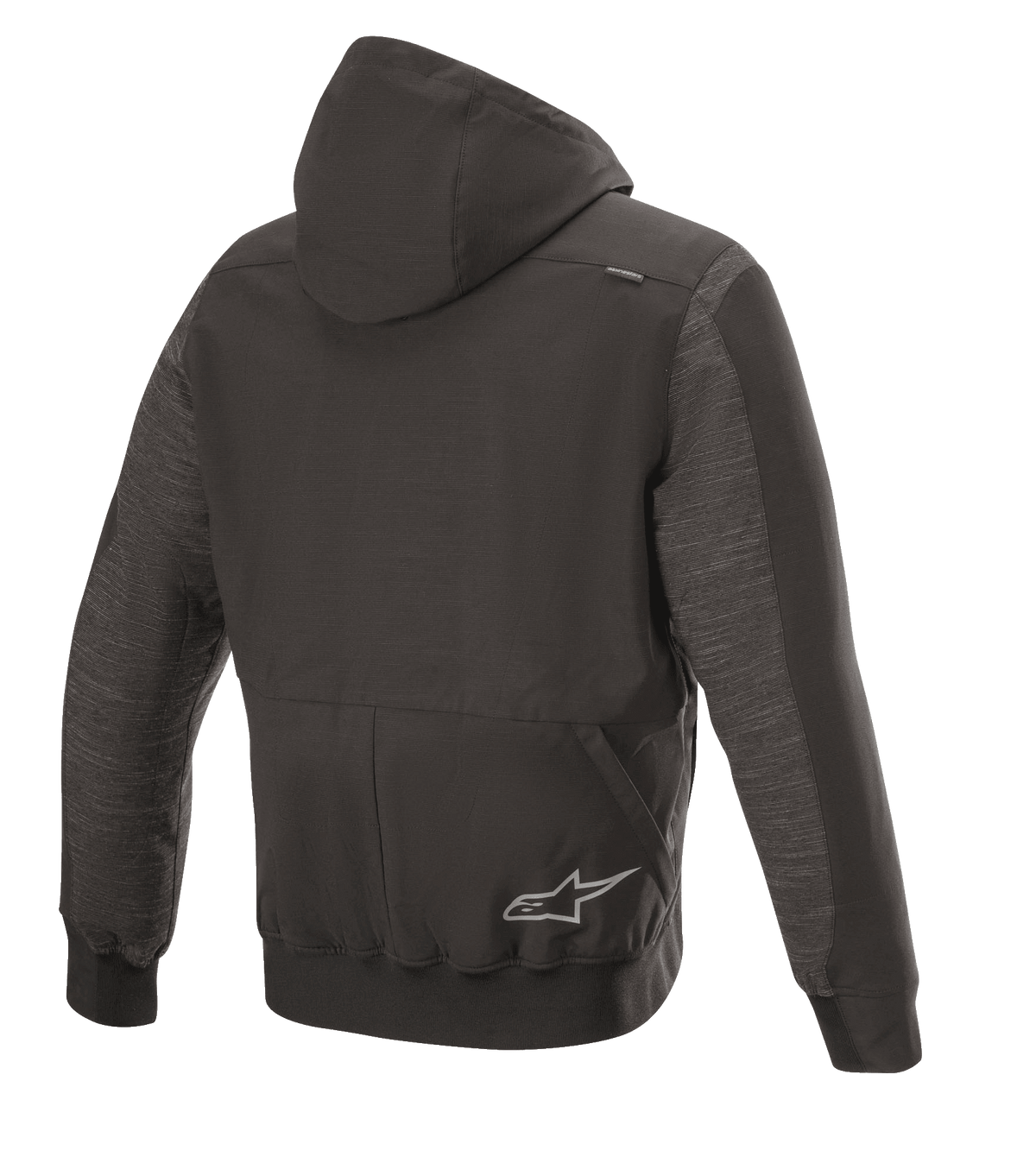Alpinestars Rhod Windstopper Hoodie, urbane Motorradjacke, Schwarz Melange, Rückansicht mit abnehmbarer Kapuze, gerippten Bündchen und Saum sowie einem dezenten Stern-Logo auf der Rückseite.