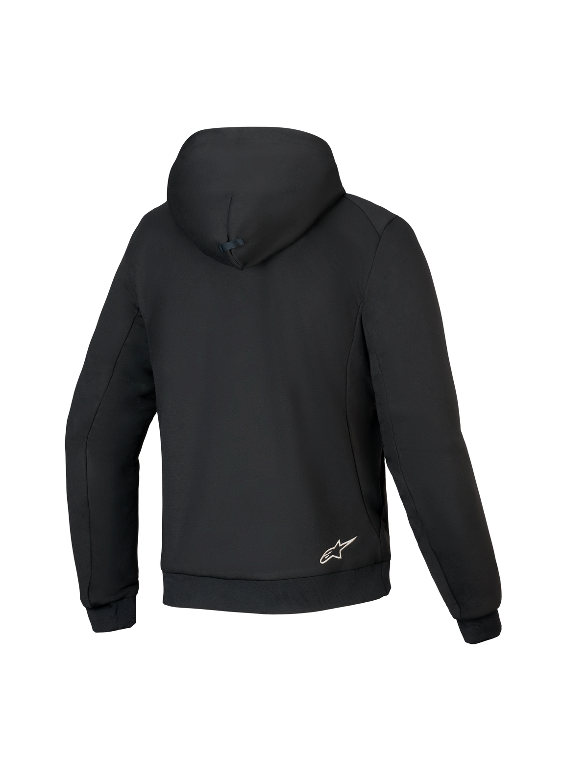 Alpinestars Honda Chrome V3 Sport Hoodie, Black, back view of motorcycle riding hoodie, tech fleece construction, featuring a hood with snap connection, ribbed cuffs and hem, and small white Alpinestars logo on the lower back