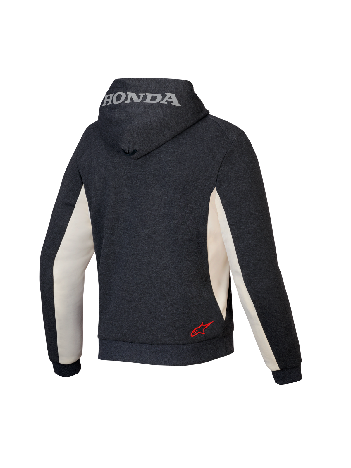 Alpinestars Honda Chrome V3 Sport Hoodie, urbaner Motorrad-Hoodie, Anthrazit-Melange und Off-White, Rückansicht mit silbernem Honda-Logo auf der Kapuze und rotem Alpinestars-Sternlogo am unteren Rücken, Tech-Fleece-Konstruktion