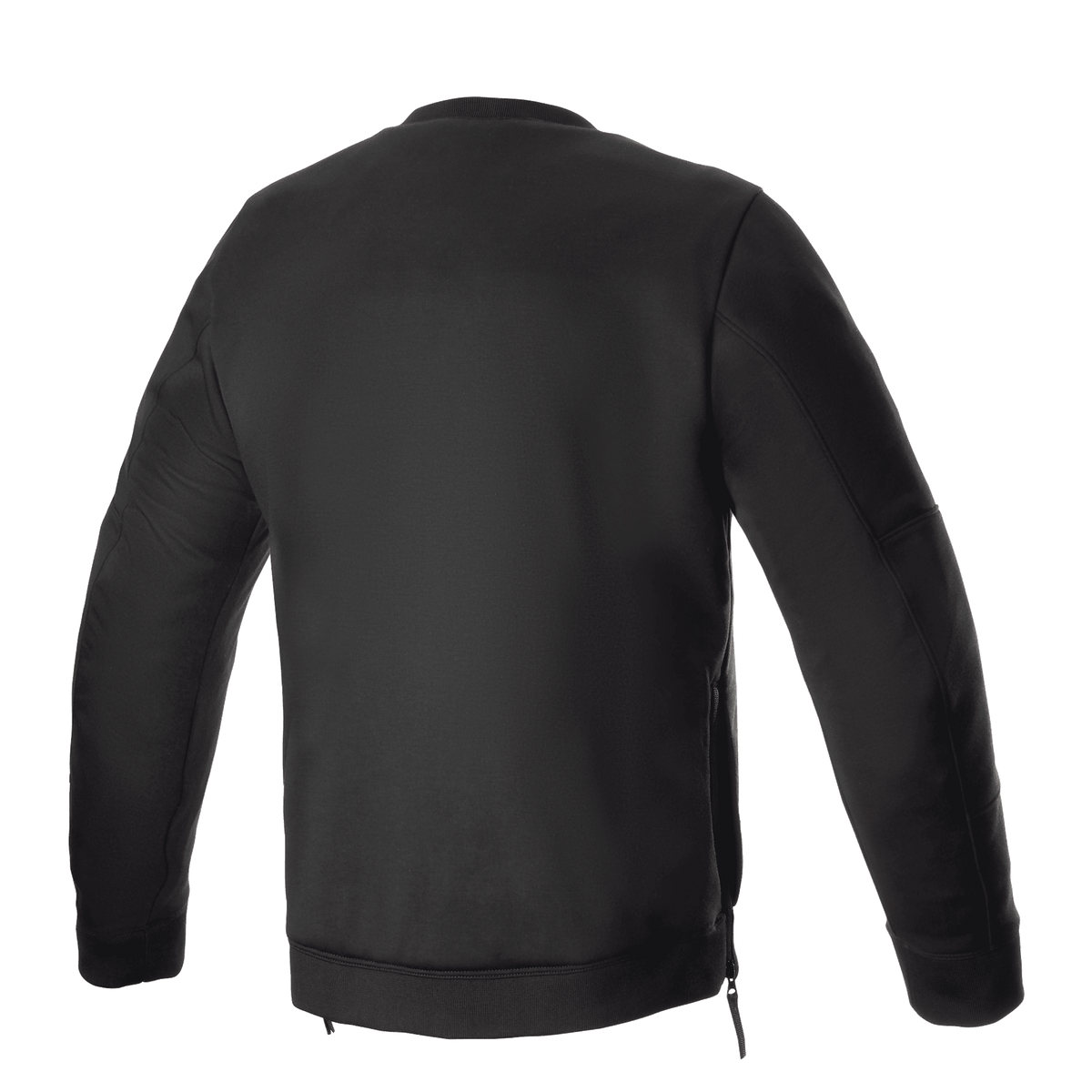 Alpinestars Legit Crew Fleece, Schwarz, Rückansicht eines urbanen Motorrad-Pullovers, Rundhalsausschnitt mit Rippbündchen an Ärmeln und Saum, seitliche Reißverschlüsse für den Einstieg, lässige Schutzausrüstung für Fahrer