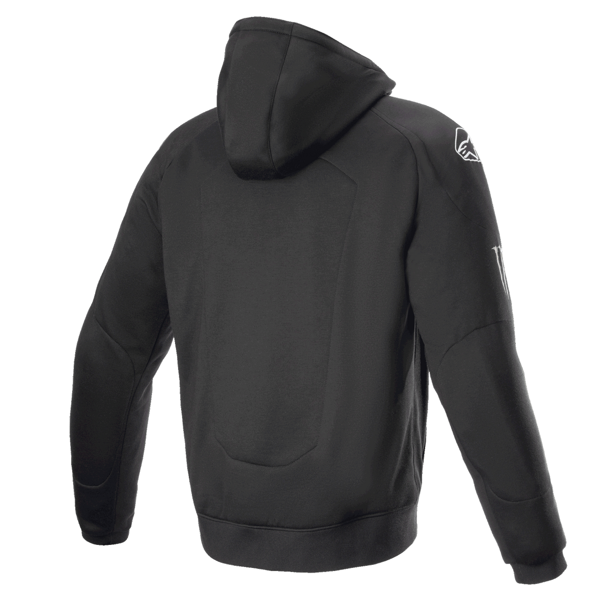 Alpinestars FQ20 Chrome Ignition Monster Hoodie, schwarzer Motorrad-Hoodie, Rückansicht, weißes Alpinestars-Logo auf der Schulter, Monster Energy-Branding am Ärmel, lässiges urbanes Design mit schützender Textilkonstruktion