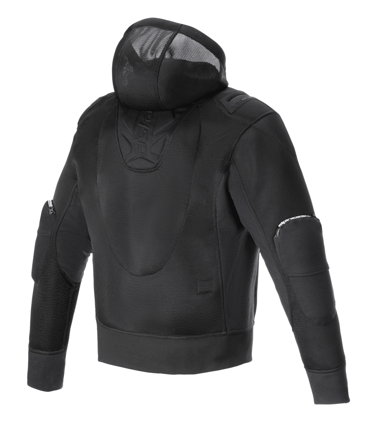 Alpinestars Moflow Air Tech Hoodie, Motorradjacke für Herren, Schwarz, Rückansicht mit vollständiger High-Density-Mesh-Konstruktion, integrierter Mesh-Kapuze und schützenden Ellbogen-Einsätzen, konzipiert für maximale Belüftung und urbanen Stil.