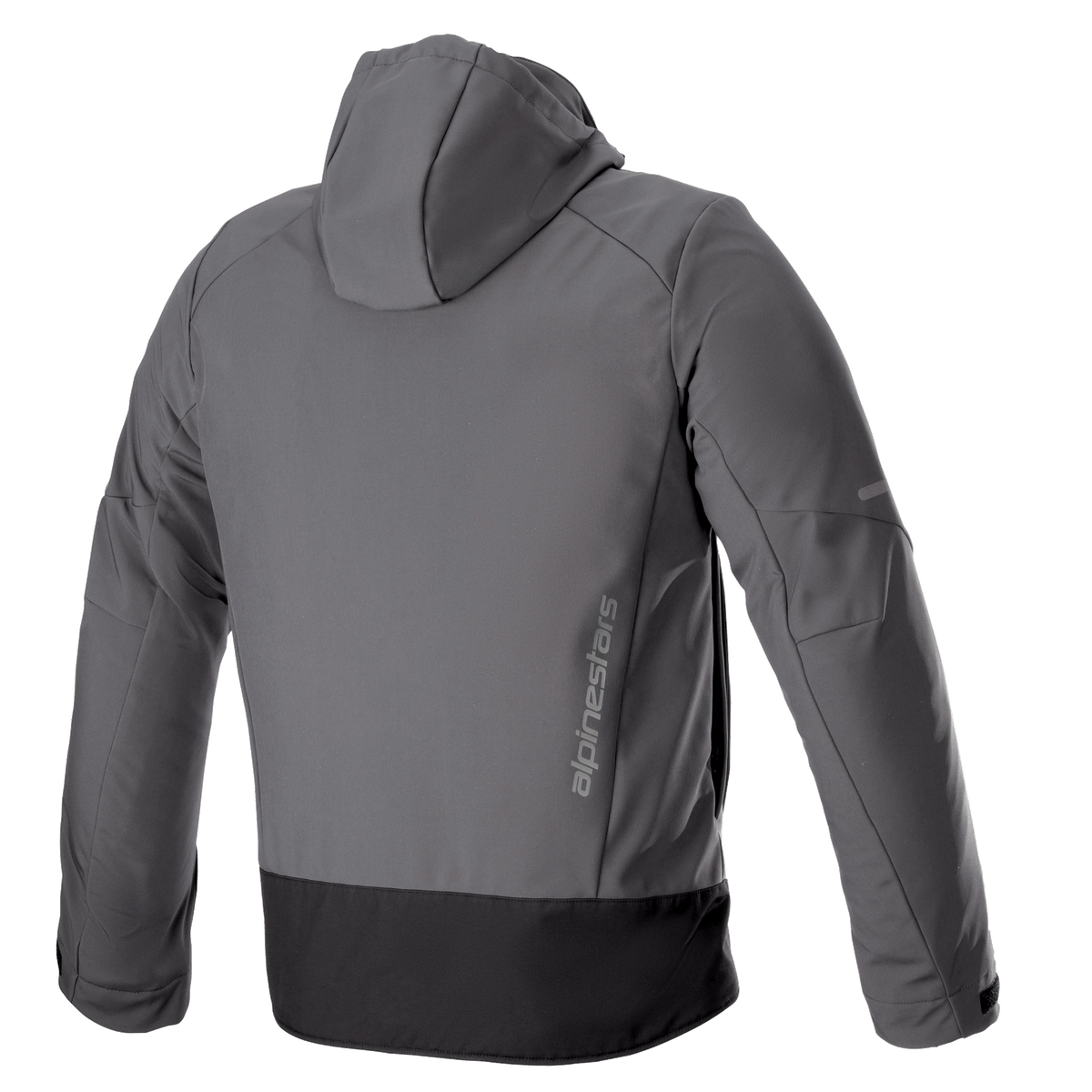 Alpinestars Neo Waterproof Hoodie, technical urban motorcycle jacket, Tar Gray and Black, back view featuring vertical Alpinestars branding, detachable hood, waterproof softshell construction with a black hem panel.