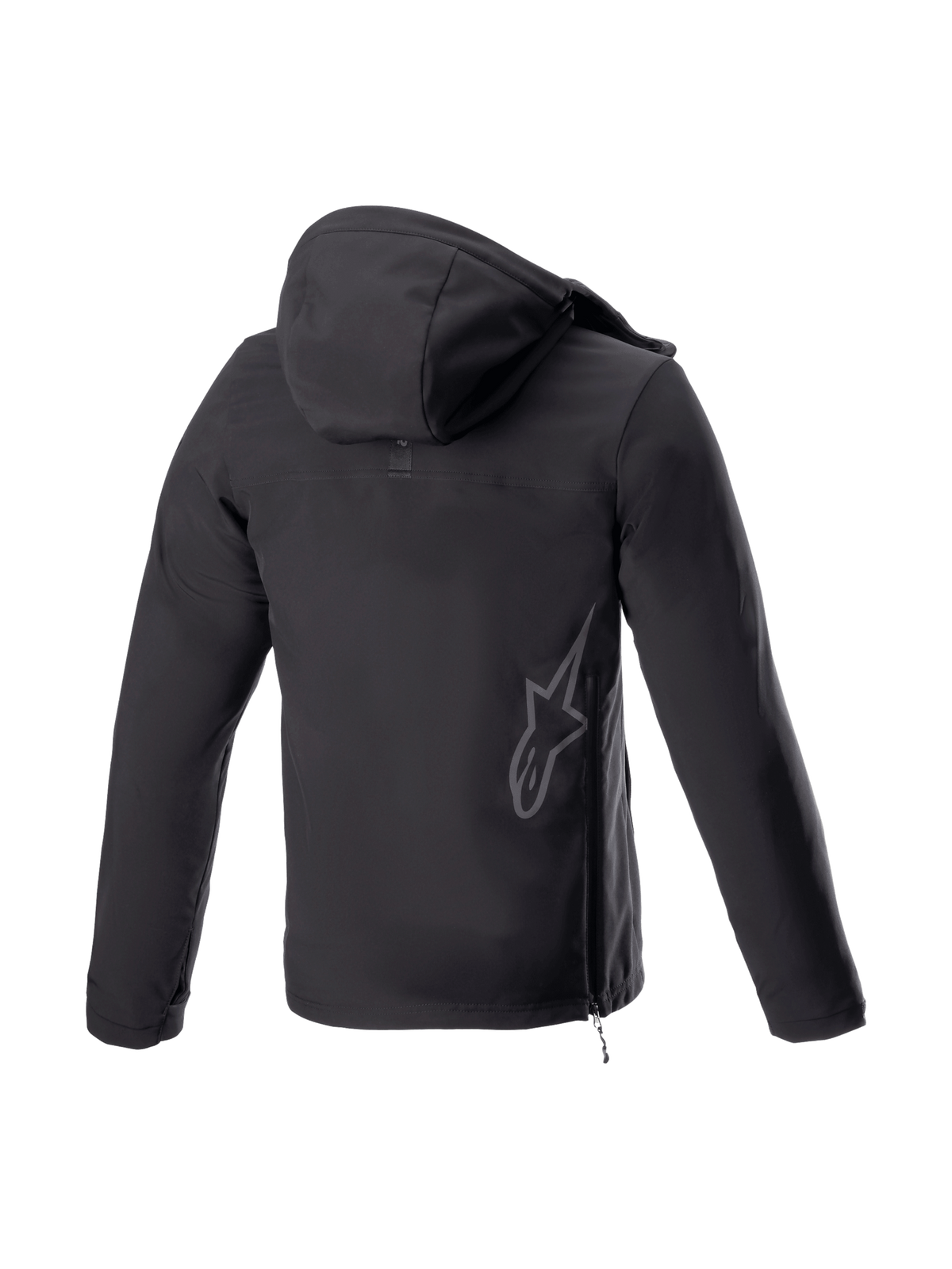 Alpinestars Sherpa Kapuzenjacke, schwarze Urban-Motorradjacke, Rückansicht mit reflektierendem Logo und Seitenreißverschluss.