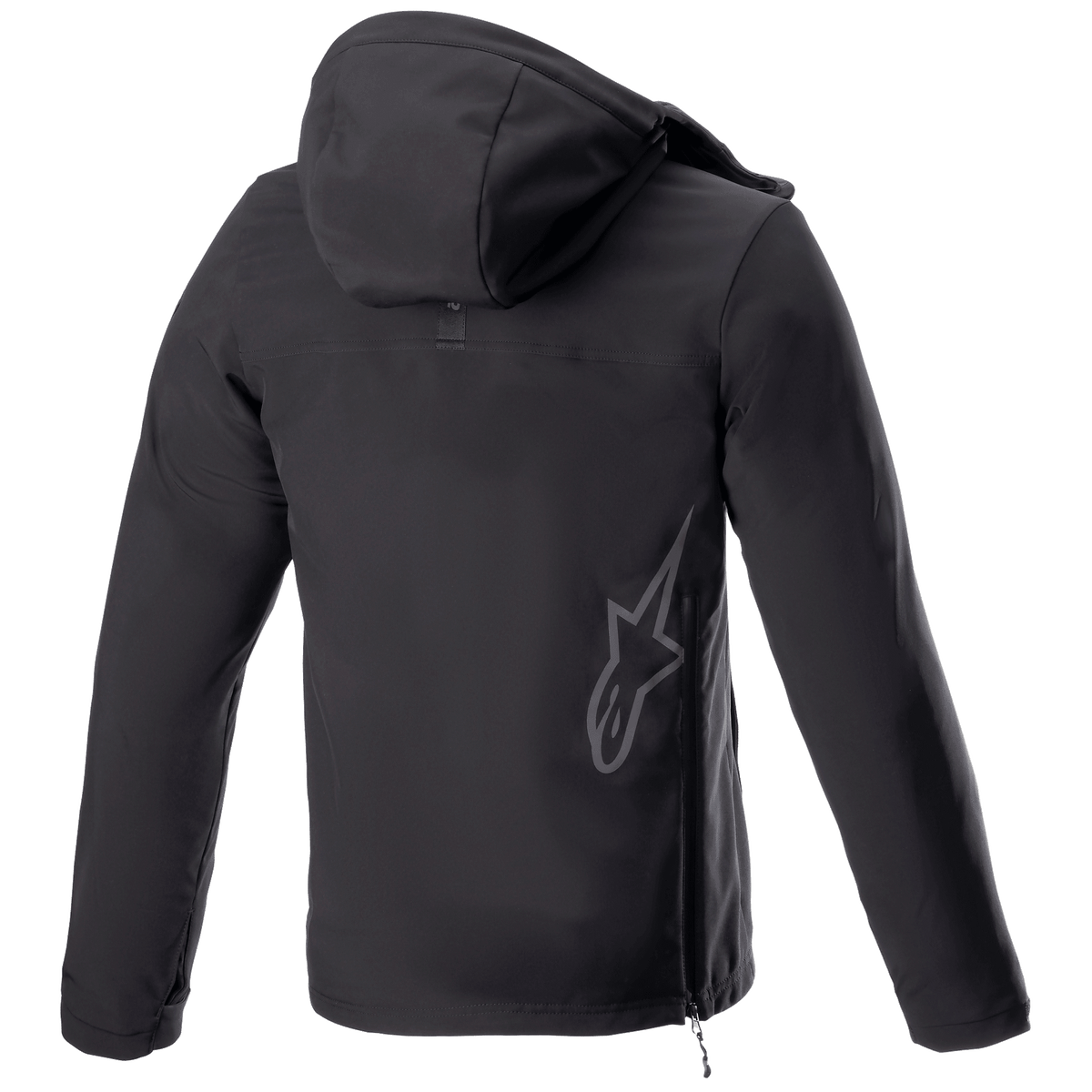 Alpinestars Sherpa Hoodie, Urban Motorrad-Kapuzenjacke, Black Reflex, Rückansicht mit großem reflektierendem Alpinestars Stern-Logo auf dem unteren Rücken, seitlicher Reißverschluss und Kapuze, winddichtes Softshell-Design