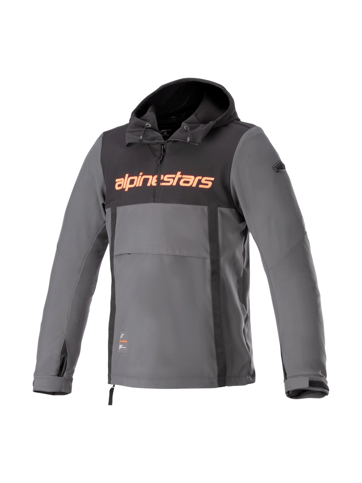Alpinestars Sherpa Kapuzenjacke, urbaner Motorradanorak, Grau und Schwarz, winddichtes Softshell mit rotem Logo.