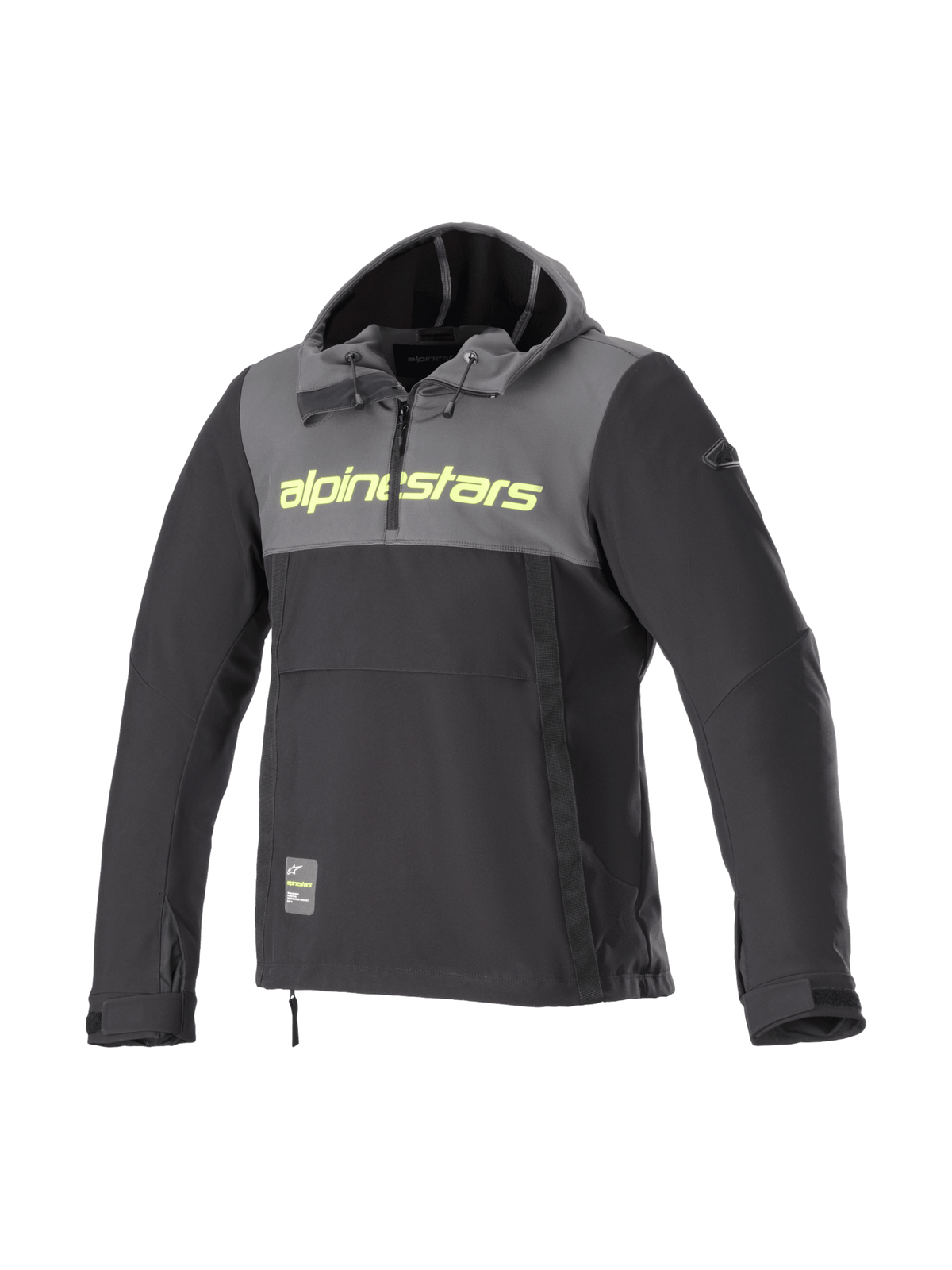 Alpinestars Sherpa Hoodie, windproof softshell urban motorcycle jacket for men, gray and black with yellow fluo logo.