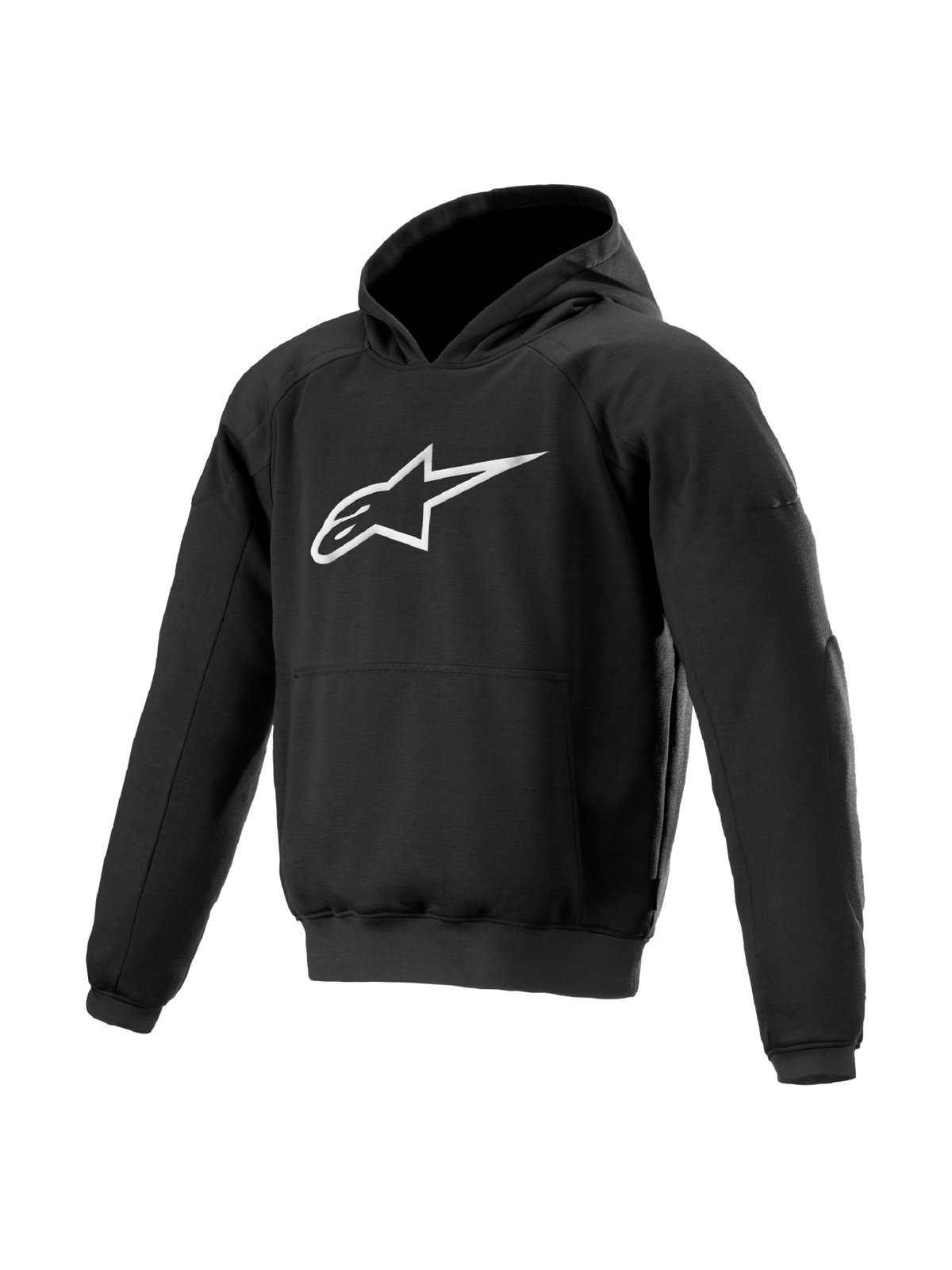 Alpinestars Ageless Kapuzenpullover, urbaner Herren-Motorrad-Hoodie, Schwarz, großes weißes Logo auf der Brust, Textilmaterial mit schützenden Nucleon-Protektoren.