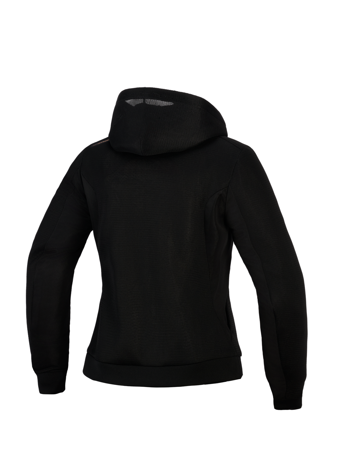 Alpinestars Stella Chrome Superairflow Damen-Hoodie, Motorrad-Hoodie für Damen, Schwarz, Rückansicht mit 3D-Mesh-Konstruktion, Kapuzen-Design mit kupferfarbenem Logo-Detail an der Schulter