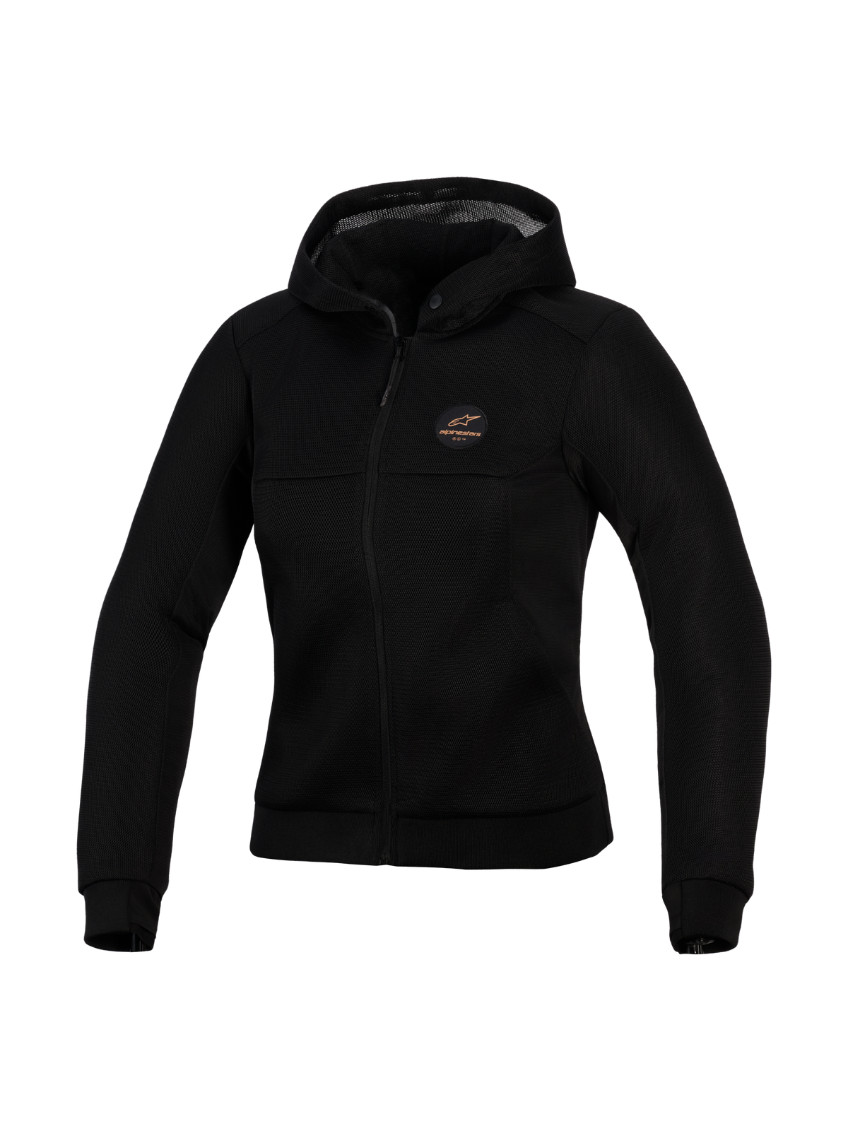 Alpinestars Stella Chrome Superairflow Hoodie, technischer Motorrad-Hoodie für Damen, Schwarz, mit 3D-Mesh-Konstruktion, kupferfarbenem Logo-Patch auf der Brust, durchgehendem Frontreißverschluss und Kapuze, entwickelt für maximale Belüftung und urbanen Schutz