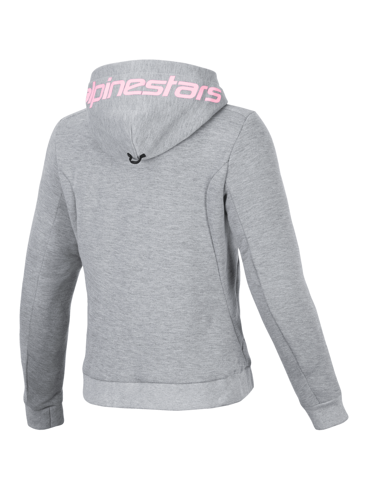 Alpinestars Stella Chrome V2 Sport Kapuzenjacke, urbane Motorrad-Schutzausrüstung für Damen, Grau meliert und Pink Fluo, Tech-Fleece, Rückenansicht mit Alpinestars-Schriftzug auf der Kapuze.