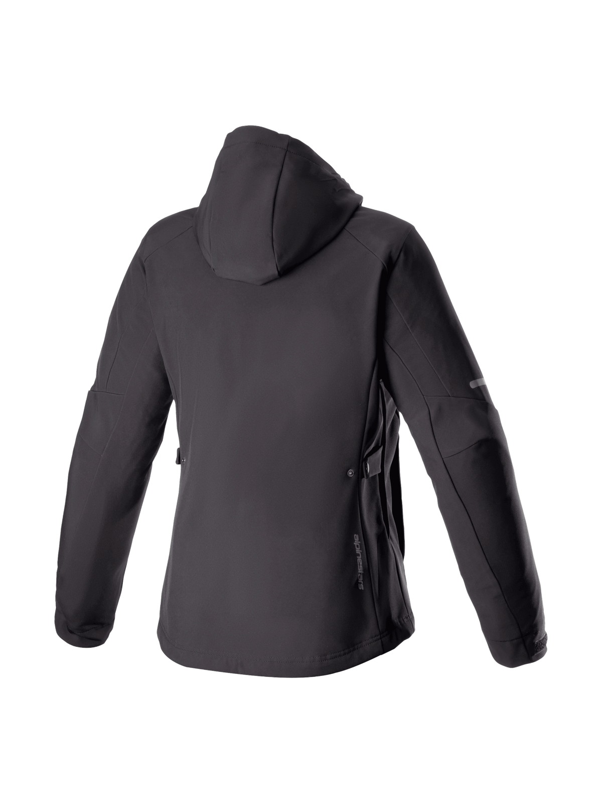 Alpinestars Stella Neo Wasserdichte Kapuzenjacke, urbane Damen-Motorradjacke, Schwarz, Stretch-Softshell, Rückansicht mit Kapuze.
