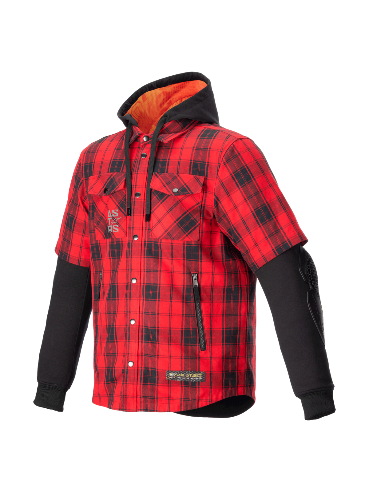 Alpinestars MO.ST.EQ Tartan Shirt, Men's Urban Motorcycle Jacket, Flame Red and Black, CE Certified Armor, Integrated Hoodie